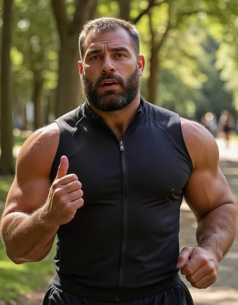 A middle-aged man runs shirtless in the park.,Asian people,Healthy body,Belly fat,Middle-aged man, 40 years old,loongs, thailand,Male Man,He is about 40 years old.,Looks rough and handsome.,ระบบmusculine,musculineขนาดใหญ่,Oversized chest muscles, waist circumference,Background details,Underwear,Black Socks, angry, Clearance, bestquality, masterpiece,(Tattoo too.:1.5),(musculine:1.5),(fat:1.5),(Gray Hair:1.5 ),(Gray Hair:1.5),(skin wrinkles:1.5),(Glossy on skin:0.5)
