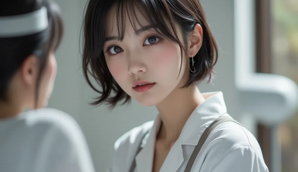 8k, Ultra-high resolution, Highest quality, masterpiece, 三分割法によるphotograph,Surreal, photograph, 1 , (:1.3), cute, cute顔, 細部までBeautiful Eyes, 細かくdetailedに,masterpiece,One Girl:1.2,Japanese women,nurse,upper body,glaring,Black short hair,Bowl cut,ID photo,((Humanoid Android)),(Nurse uniform of the future:1.3),Mechanized body,cyber punk,Eccentric,Medical Treatment Room,white collar,(Beautiful attention to detail),Subtle details, detailedな顔,anger,Attractive eyes,(ポートレートphotograph:1.4),(Photorealistic images:1.4),Fantasy art,(Beautiful Face:1.4),美しくAttractive eyes、Beautiful Eyes,Silver residue,(Tight waist:1.4)、(Beautiful with perfect body proportions:1.4),Pink Lips,profile,(((Ideal body type))),A-cup small breasts :2,、Portraiture:2、Perfect Anatomy、鮮明なdetailed、detailed,Fashion magazine cover,Thin lips,完璧でBeautiful Face ,完璧でcute顔, Skin with attention to detail, Perfect limbs、Narrow waist,Surreal,Light and shadow,spotlight
