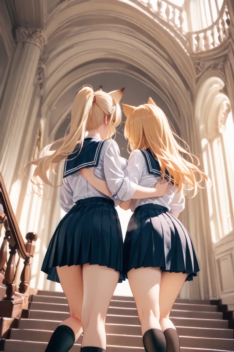 SFW, UHD, RAW photography, Masterpiece, textured skin, super detailed, high quality, award wining, best quality cinematic lighting, 2girls, left girl with ponytail, red hair, ((blue-eyed woman)), right girl with blonde hair, green eyes, highly detailed glossy eyes, portrait photo of two 20-year-old girl, (looking at the camera) specular lighting, ultra quality, film grain, Fujifilm XT3, crystal clear, cute face, sharp focus, detailed skin pores, beautiful poses, ((standing)), (perfect legs), no reflection