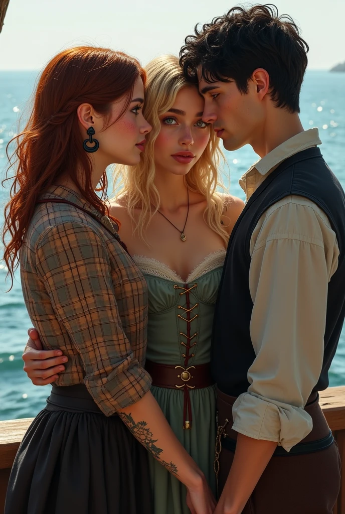 Fantasy Boys, two beautiful young brown haired handsome men wearing suspenders pants with no shirt and a full body blonde princess in a castle