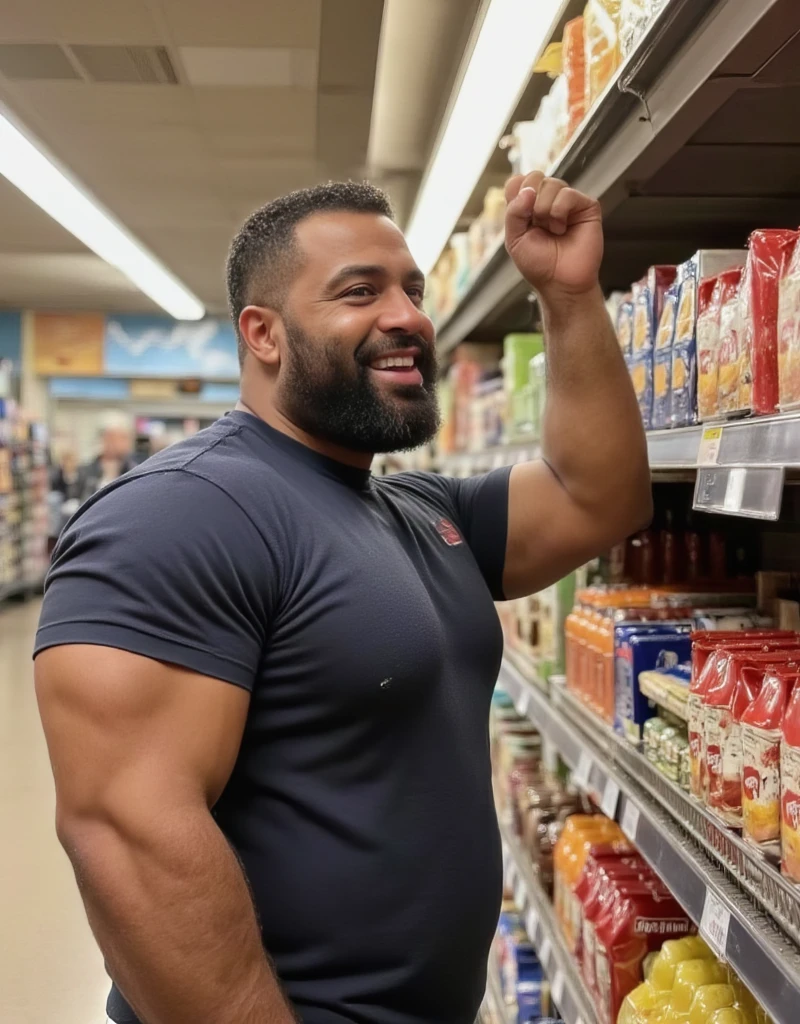 hasselblad photograph of, a burly 55yo strongman, in a grocery store, colorful baggy tank top, short shorts, body hair, stubble, thick lips, handsome, sharp focus, natural light, (kodak ektar 200:0.3),