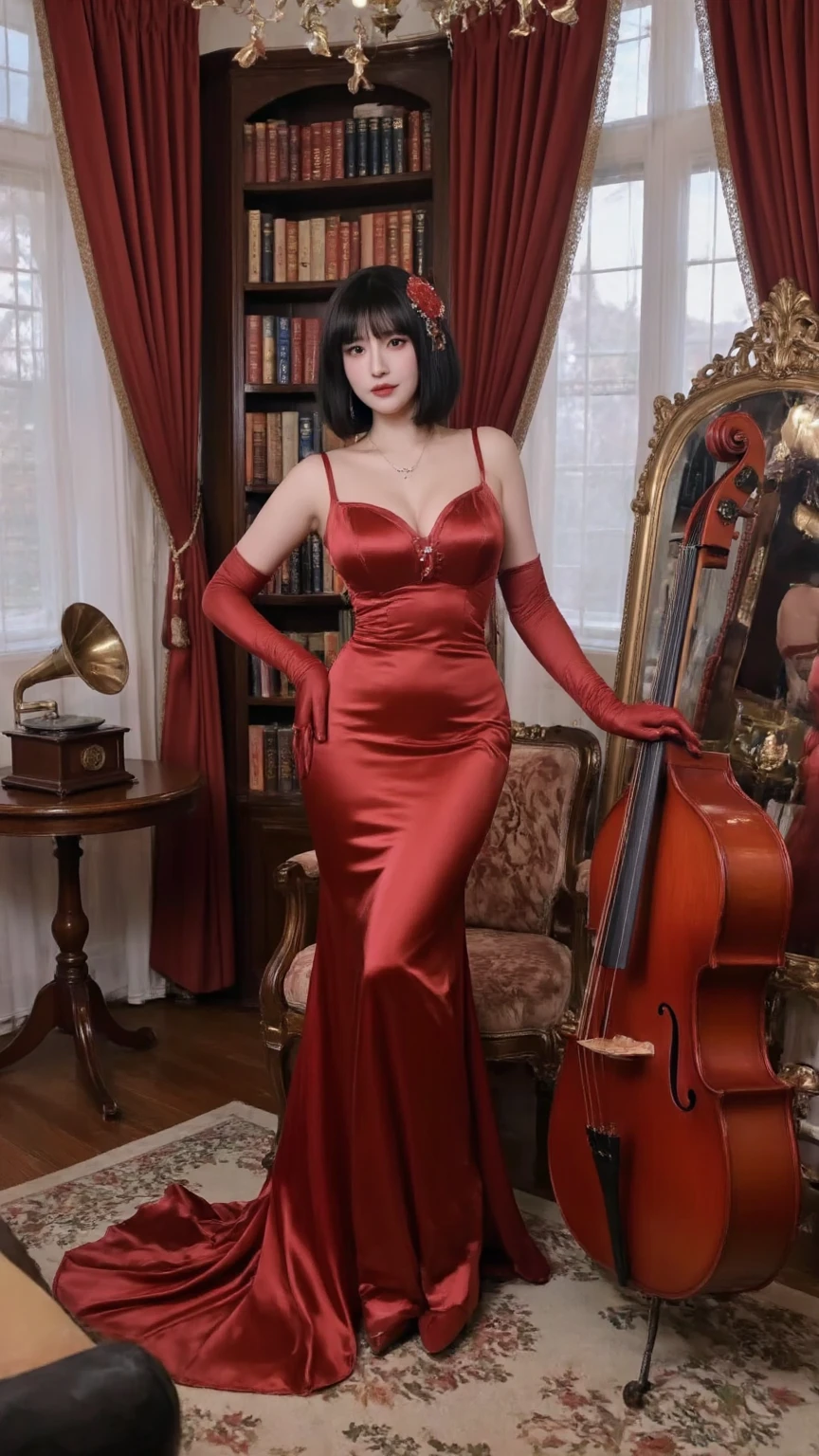 (masterpiece,highest quality,超A high resolution),japanaese girl with pony tail hair (((Very beautiful 35 year old girl))), pretty woman, a woman in the mermaid long train silk red skirt,the skirt is very long, full body, wear sexy corset, wear sexy blouse, wear glasses,long satin, flowy dramatic long skirt, talwomen, random pose, work in office, wear high heels, masterpice (Shiny red long train dress mermaid-style long skirt