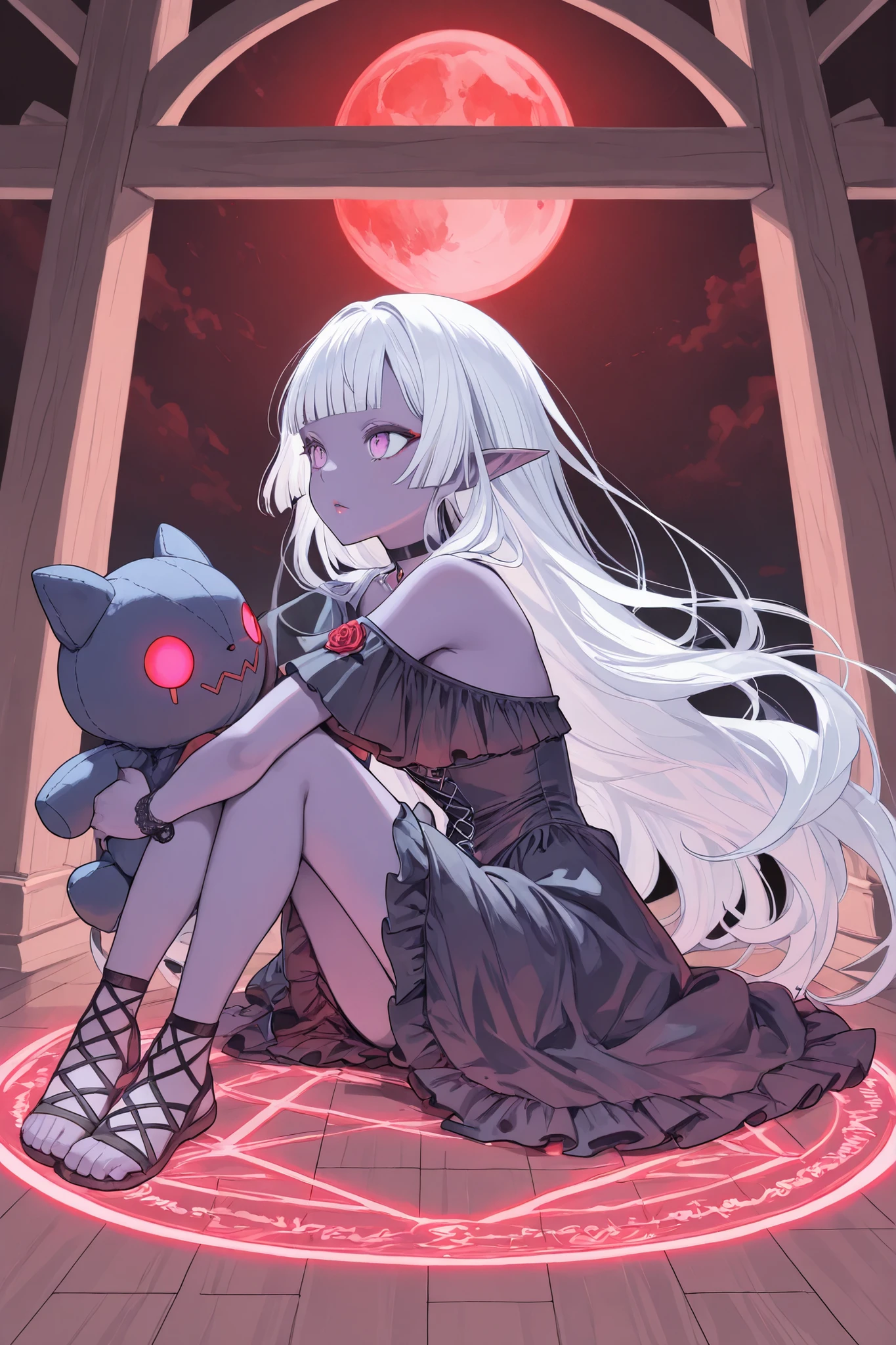 (Ultra-detailed face, Looking away, Gothic Illustration, Dark tone colors. She has five fingers on her hands and five toes on her feet.), BREAK
(A black and red moon climbs into the sky in a jet-black sky. A young female dark elf summoner is outside a magic circle painted with red glowing powder on the floor, her back turned, her body twisted, sitting on her haunches, her hands waving above her head like a musical conductor in a daring pose, summoning a stuffed demon.), BREAK
(Several beams of light rise like beams from a magic circle drawn on the floor, making the stuffed devil float in the air.), BREAK
(She has pure white hair, pure white eyebrows, blunt bangs, very long messy hair reaching to her waist, small pink lips, lavender eyes, dark purple skin, and layers of thick eyeliner.), (She wears a jet-black choker, layers of jet-black fabric, a traditional medieval European-style witch's layered dress with crimson rose embroidery, and lapis lazuli laced sandals.)