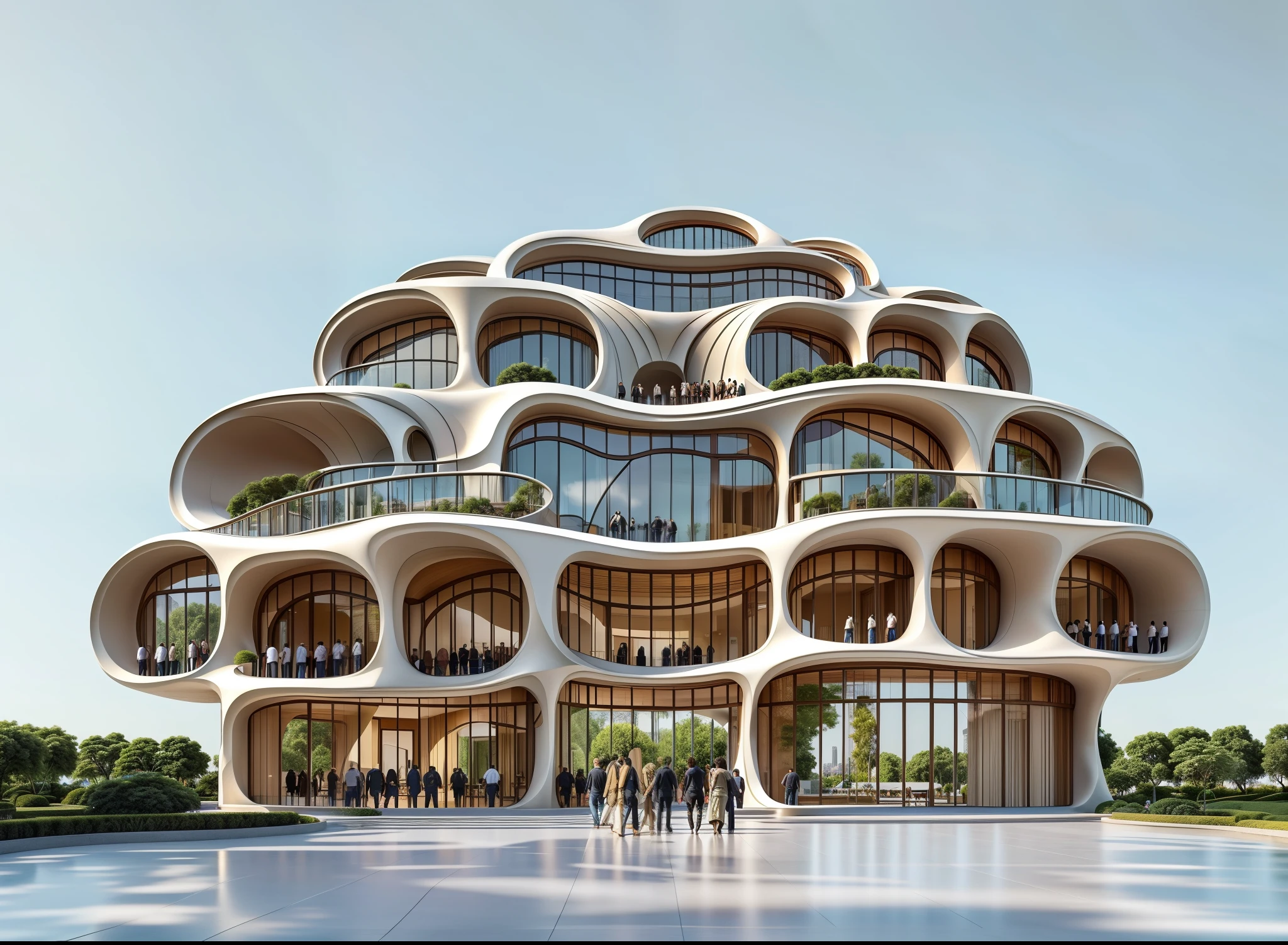Building design by zaha hadid, inspired by shape of wide tree, and tower Cultural center design, flawless, realistic, realistic, people around the building,