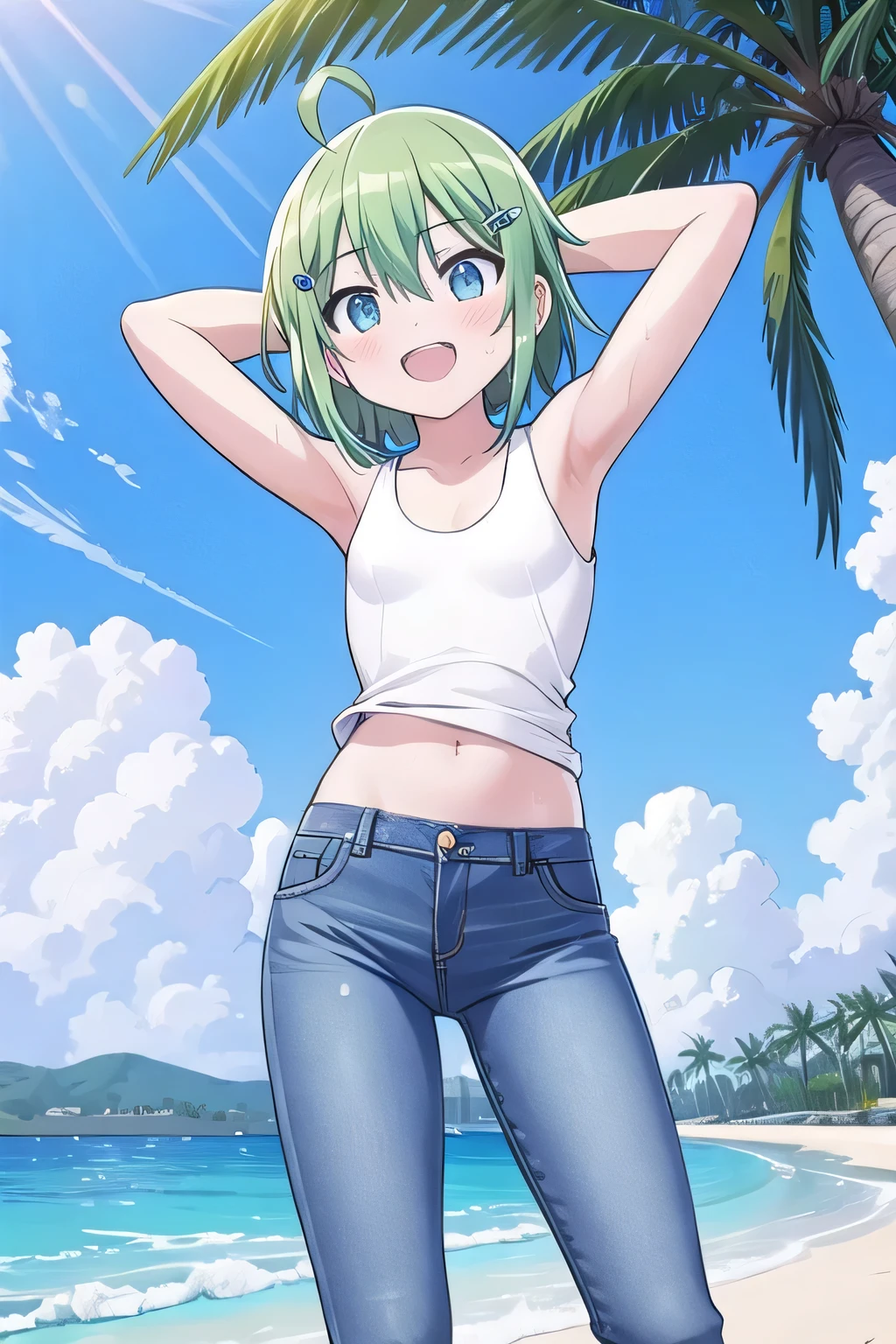 Nakano Yotsuba, knot shirt, midriff, green skirt, medium breasts,