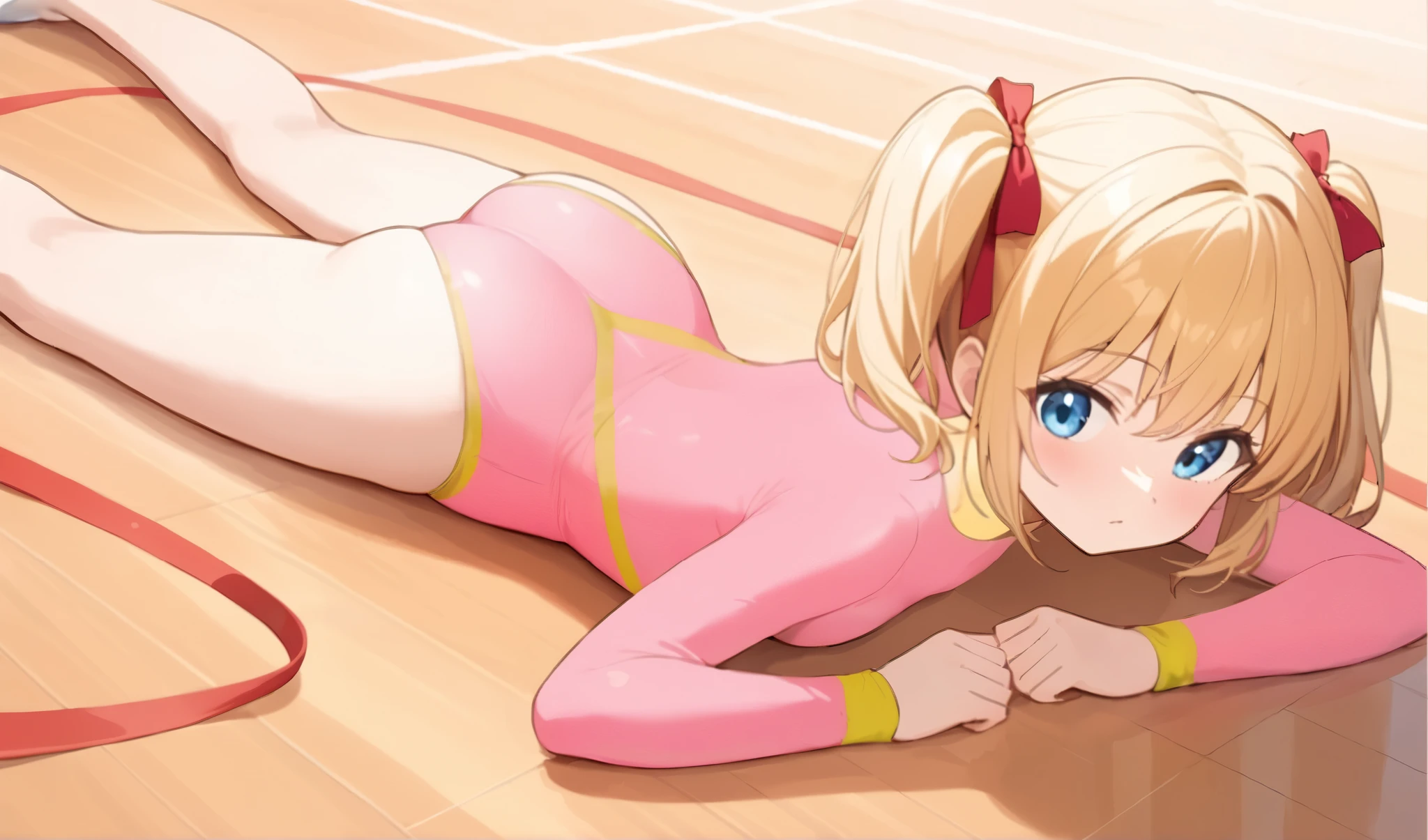 Anime girl lying in gymnasium with rhythmic gymnastics club in hand、Photorealistic anime girl rendering in SFM、Bubble gum body、smooth anime cg art、pink twintail hair and cyan eyes、asuka suit under clothes!、Anime Real、Cute anime girl rendering、Lying dynamic pose、Pink body、an anime girl