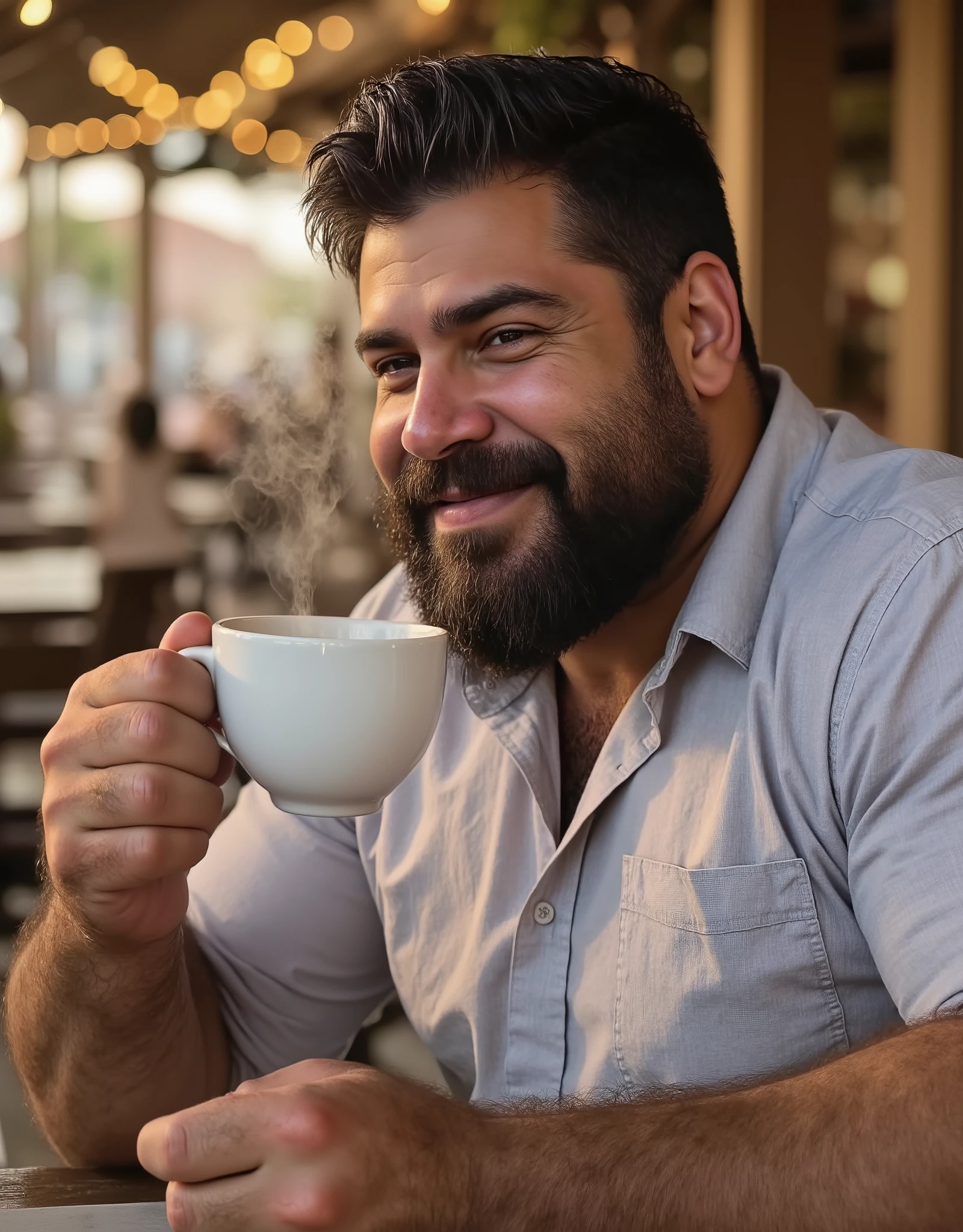 Masterpiece, Accurate, Award Winning, Best Quality, Extremely Detailed, 8K, HD, Super-Resolution, Realistic Textured Hair and Skin, ultra-photorealistic. A ((tall, burly, heavily muscled bearded man)) with ((olive-toned skin, thick dark beard, strong angular jawline, and deep-set expressive eyes)) sits at an outdoor café, captured in an intimate close-up as he laughs mid-conversation. His ((eyes crinkle at the corners, his broad smile revealing warmth and charm as he lifts a steaming coffee cup toward his lips)). His ((thick beard catches the golden afternoon light, each strand subtly illuminated, contrasting against the deep tan of his skin)). His ((strong, muscular shoulders fill out his well-fitted linen button-down, the soft fabric stretching over his thick forearms as he gestures slightly with his free hand)). The softly blurred background reveals ((the cozy ambiance of an outdoor café, rustic wooden tables, warm string lights, and glimpses of other patrons engaged in quiet conversation, creating a relaxed, inviting atmosphere)). Camera: ((intimate profile headshot, slightly high angle for warmth and authenticity)). Lens: ((Canon RF 85mm f/1.2L for stunning facial clarity and smooth background blur)). Shutter speed: ((1/500s to capture dynamic expressions and movement)). Aperture: ((f/1.8 for soft background separation while keeping his face in razor-sharp focus)). Lighting: ((natural golden afternoon sunlight mixed with soft café ambiance, casting warm highlights and shadows for a rich, intimate feel)).