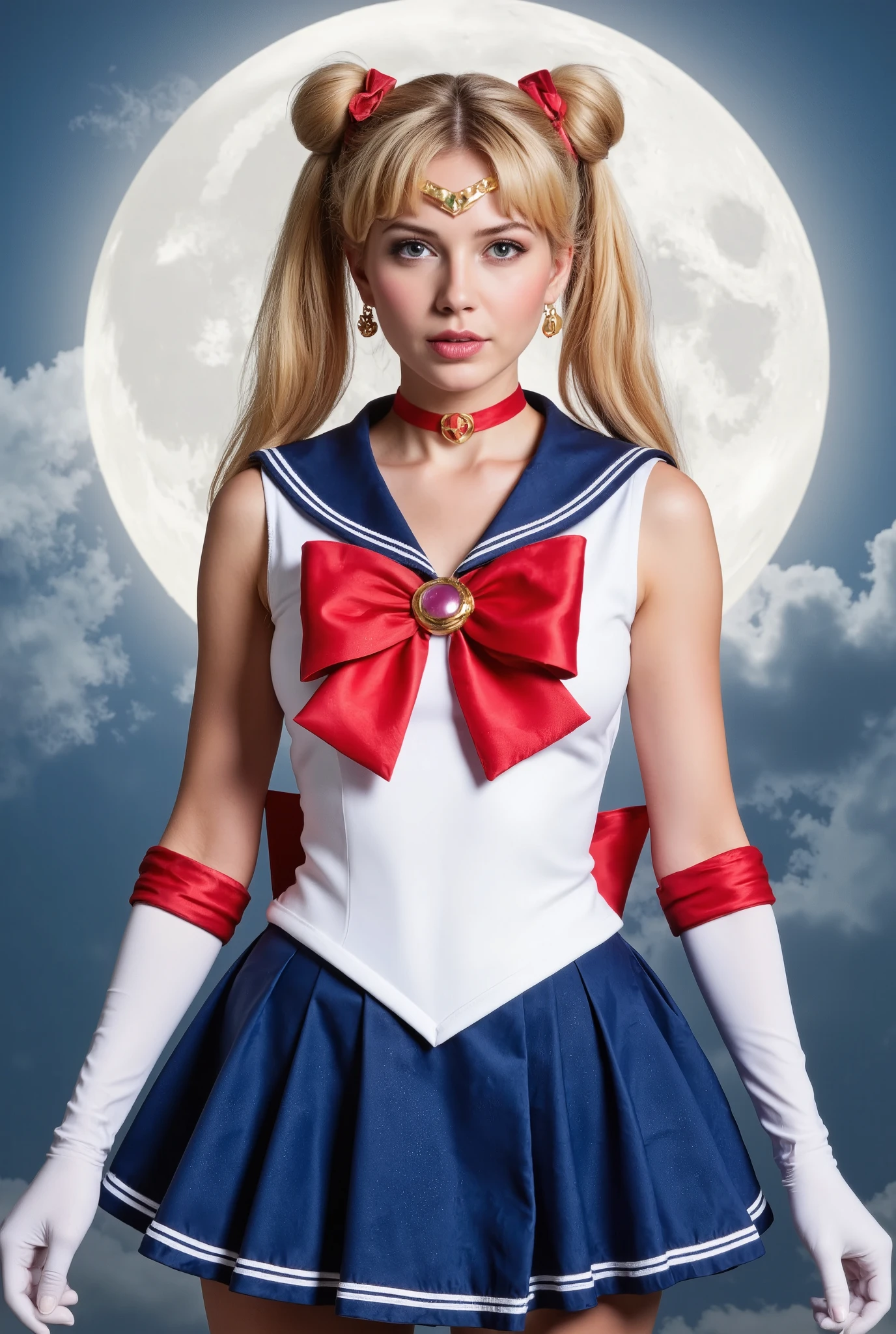Create an image of a beautiful 20-year-old girl with fair skin and long straight blonde hair styled in twin tails. She is wearing a Sailor Moon costume and striking a pose. The background features a large, full moon that fills the entire screen.