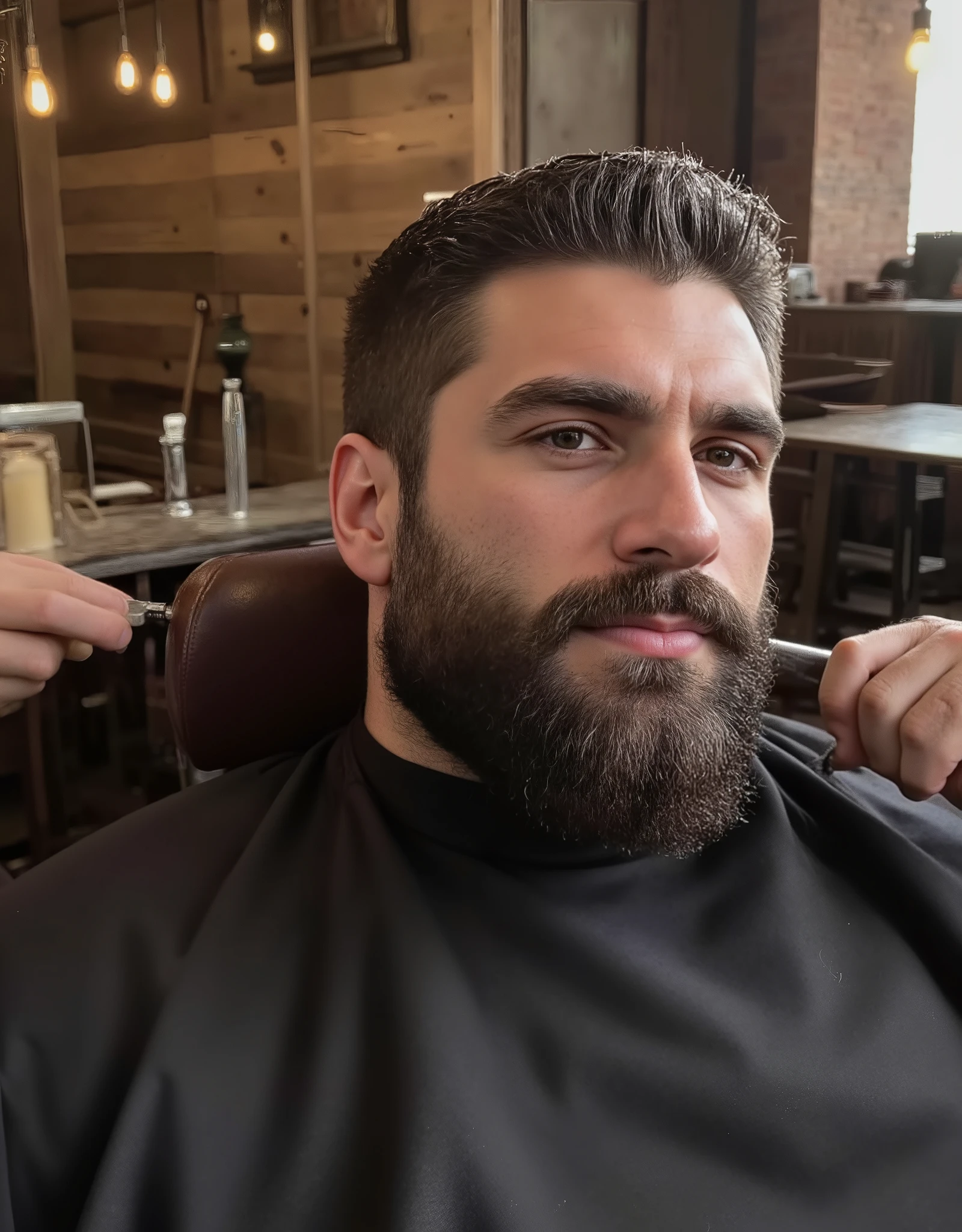 Masterpiece, Accurate, Award Winning, Best Quality, Extremely Detailed, 8K, HD, Super-Resolution, Realistic Textured Hair and Skin, ultra-photorealistic. A ((tall, burly, heavily muscled bearded man)) with ((olive-toned skin, thick dark beard, strong angular jawline, and deep-set expressive eyes)) sits in a leather barber’s chair, captured in an intimate close-up as he smiles, his thick beard being trimmed with precision. His ((broad shoulders fill the chair, his relaxed posture exuding quiet confidence as his barber carefully works with steady hands, a silver razor reflecting soft light)). His ((thick, well-groomed beard frames his smirking lips, the edges freshly shaped, highlighting the strong lines of his jaw and chin)). His ((hair is cropped close, blending seamlessly into his powerful neck, veins subtly visible along his forearms as he rests his hands on the chair’s armrests)). The softly blurred background reveals ((a rustic, modern barbershop with dark wood paneling, vintage barber tools lined neatly on the counter, and warm Edison bulbs casting an inviting glow over the space)). Camera: ((intimate profile headshot, slightly high angle for depth and focus)). Lens: ((Canon RF 85mm f/1.2L for precise facial detail and smooth background bokeh)). Shutter speed: ((1/500s to capture crisp textures and lighting variations)). Aperture: ((f/1.8 for sharp subject focus with a softly blurred background)). Lighting: ((warm indoor ambient glow mixed with soft daylight filtering through a window, enhancing skin texture and depth)).