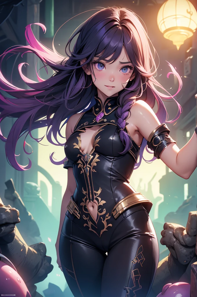 masterpiece,best quality,high resolution,ultra-detailed,1woman,fantasy,multicolored hair,angry smile,FAINAL FANTASY,general woman,open stance,sexy makeup,dark skin,