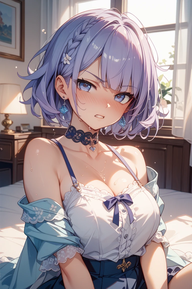 Yukino, in bed, silver hair and blue eyes, short hair, no shirt and no bra, anime visual of a cute girl, screenshot from the anime film, & her expression is solemn, in the anime film, in an anime, anime visual of a young woman, she has a cute expressive face, still from anime, big breast, red cheek, lustful face, fair skin