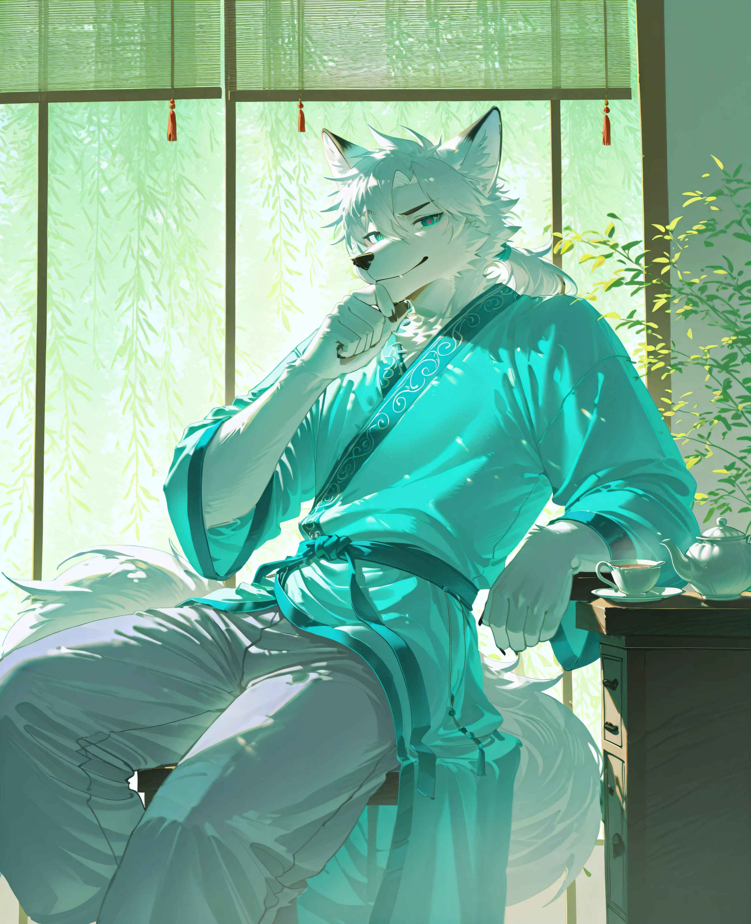sfw,1boy,solo,male focus,furry male,furry,anthro,(slender muscle:0.2),(white fox),(white fur:1.5, white hair,),cocked eyebrow,(detailed eyes,teal_blue eyes,detailed pupils),snout,animal ears,fox ears,fox tail,(skinny:0.8),(Chinese Garden,inside,curtain,window,desk,sunlight,willow,tea set),absurdres,sitting,leaning back,having rest,chin_rest,(Chinese costume,light blue Hanfu,grey pants),(peaceful face,thinking),absolute_territory,cowboy_shot,from_side,looking_at_viewer,morning,wind,break,masterpiece,highres,amazing quality,best quality,newest,break,((lindong:0.8),(by null-ghost:0.8),huashijw,(asteroid_ill:0.8),(smile \(qd4nsvik\):0.9),(wolftapioca:0.3),(chunie:0.5),cg,highres)),sfw