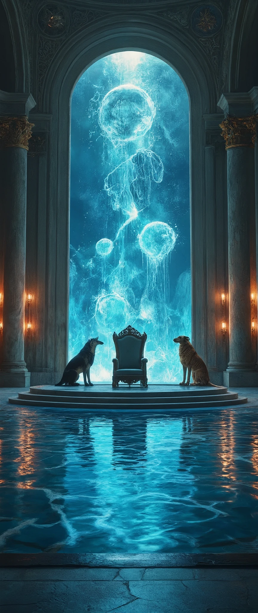 High Definition Images、Royal Palace、a crystal sea in the center、The king's hall is、surrounded by 4 living creatures、one looks like an eagle、Ufra is a wolf、and the other is a tiger、the other is an orca。E ao redor de a throne、a palace where eagles live、red light and blue laser。