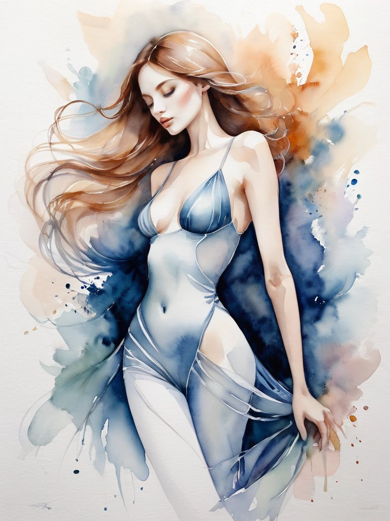 watercolor drawing in Retro-Look, white background, two naked woman runing fast, a skinny and a fat female with shaved pussy, full frontal body view, full body view, highly detailed linework reminiscent of Carne Griffiths, imbued with Wadim Kashim's bold color and texture, light and airy as Carl Larsson's compositions, featuring Pascal Blanche-style hyper-realistic characters, compositional balanc