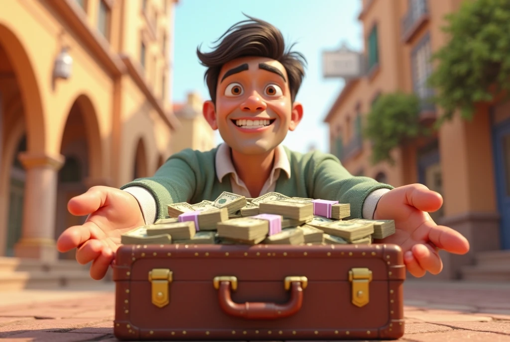 A boy, dressed in a sharp outfit, confidently holding bundles of cash in his hands. He’s standing in front of a lemonade stand turned mini business empire, with a line of customers in the background.