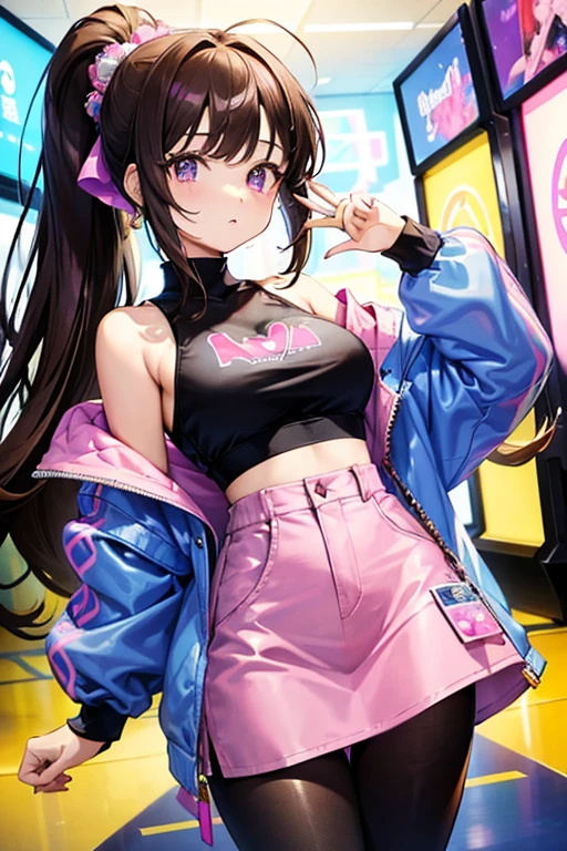 ((Masterpiece)), best quality, absurderes, ultra detailed, holographic, cowboy shot, golden ratio, super cute girl, mature girl, idol girl, super beautiful asian girl with very beautiful violet glowing eyes, beautiful glowing brown multicolored hair, high ponytail, nice and sexy body, slim body, perfect body, wearing a super tight anime printed leotard, an anime printed super tight off shoulder long sleeve crop top, a super aesthetic transparent mini jacket, beautiful hair ornament, pink jordan tennis, being photographed in a mall shop, with her handsome skinny boyfriend, with black messy glowing hair and super casual clothing