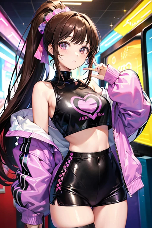 
((masterpiece)), highest quality, Absurd, Super detailed, Holographic, Cowboy Shot, Golden Ratio, Very cute girl, Mature Girls, idle girl, Super beautiful Asian girl with gorgeous purple eyes, Beautiful shiny brown multicolored hair, High Ponytail, nice and sexy body, The body is slim, Perfect body, Wearing a super tight anime print leotard, Super tight off-the-shoulder long sleeve crop top with anime print, Super beautiful transparent mini jacket, Beautiful hair ornaments, pink jordan tennis, She is photographed at a shopping mall with her handsome, skinny boyfriend., Black unkempt hair, Brown sparkling eyes, Wearing a white anime shirt, Black shorts, Pink Crocs