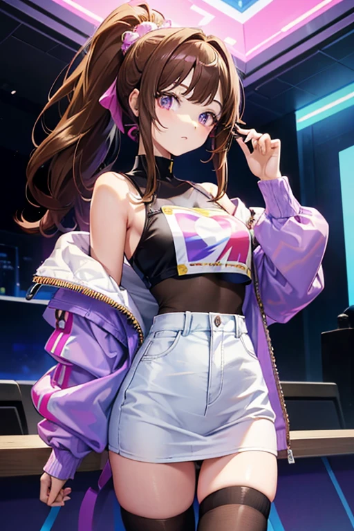 (masterpiece), (best quality), ((one girl)),alone, red hair,((brown eyes)),curly hair, anime style, freckles, (mall breast, (petite figure), blue and black cyberpunk jacket, legs, desert background