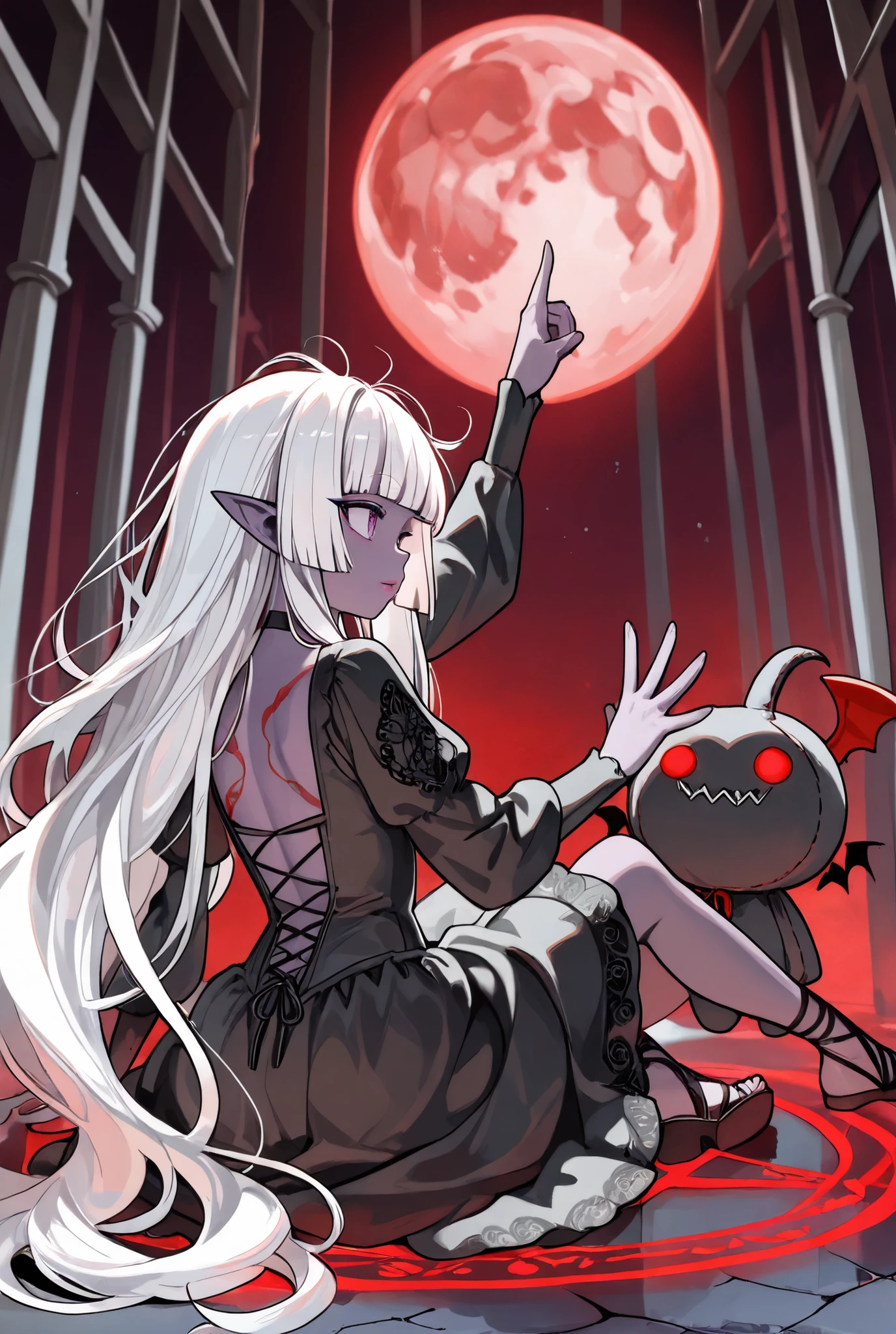 (Ultra-detailed face, Looking away, Gothic Illustration, Dark tone colors. She has five fingers on her hands and five toes on her feet.), BREAK
(The black and white moons climbed into the sky, and the red moon tinted the sky red. A young female dark elf summoner is outside a magic circle painted with red glowing powder on the floor, her back turned, her body twisted, sitting on her haunches, her hands waving above her head like a musical conductor in a daring pose, summoning a stuffed demon.), BREAK
(Several beams of light rise like beams from a magic circle drawn on the floor, making the stuffed devil float in the air.), BREAK
(She has pure white hair, pure white eyebrows, blunt bangs, very long messy hair reaching to her waist, small pink lips, lavender eyes, dark purple skin, and layers of thick eyeliner.), (She wears a jet-black choker, layers of jet-black fabric, a traditional medieval European-style witch's layered dress with crimson rose embroidery, and lapis lazuli laced sandals.)