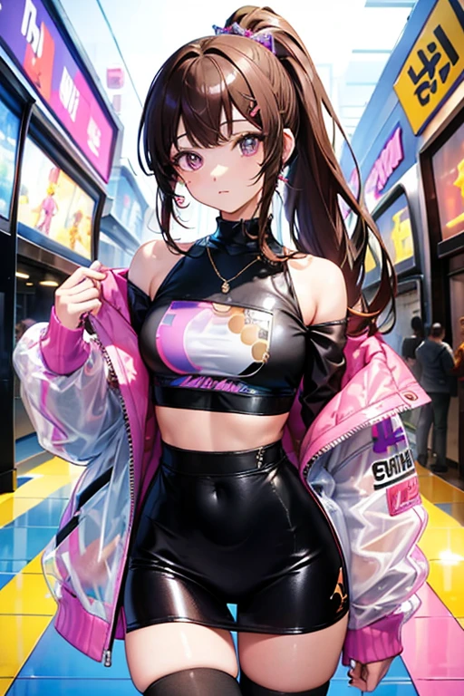 ((Masterpiece)), best quality, absurderes, ultra detailed, holographic, cowboy shot, golden ratio, super cute girl, mature girl, idol girl, super beautiful asian girl with very beautiful violet glowing eyes, beautiful glowing brown multicolored hair, high ponytail, nice and sexy body, slim body, perfect body, an anime printed super tight off shoulder long sleeve crop top, a super aesthetic transparent mini jacket, beautiful hair ornament, pink jordan tennis, being photographed in a mall shop, undressing, showing neon pink panties, showing thong,