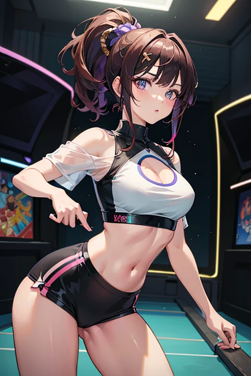 Girl, Komi Shouko,(( big tits)), ((hips)), ((thighs)), ((perfect body)), sexy, mini shorts, ((neon lights)), music, legs, (((neon))), lights, high quality, ((dancing)), ponytail with bangs hair style, purple hair, Asian