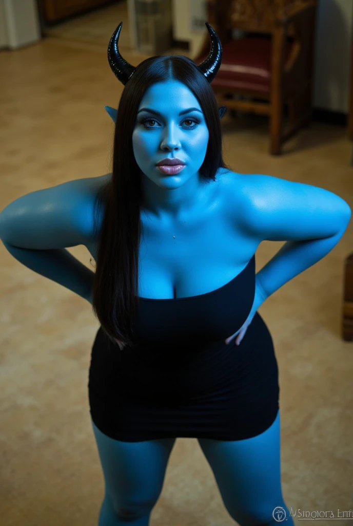 1woman, Twi'lek, slave outfit, defeated, obese, inside a dungeon, blue skin, standing near the camera.