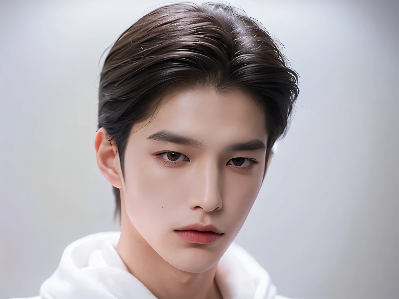 20 year old man, Very handsome , stars of the Korean series, White skin, handsome, classic side part hairstyle, black background, Masterpiece, best quality, a man, Detailed image, clear, Shiny, Very handsome , half body model, Bends down in front, Head down , Look at the bottom, wearing a white hoodie, One Man, reflect, Strict face color, front view, Squint on the left.