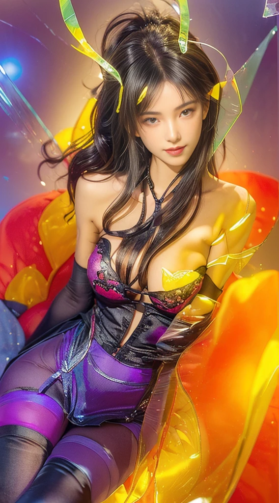 sexy Thai model who controls poison、beautiful smile、lipgloss、bold lipstick、intense makeup、look at the camera、full body Esbian、、sparkling poisoned flower costume、、、、sparkling Colorful hair、secrete poison、skull hair accessories、sexy tights、shiny sparkling flowers background