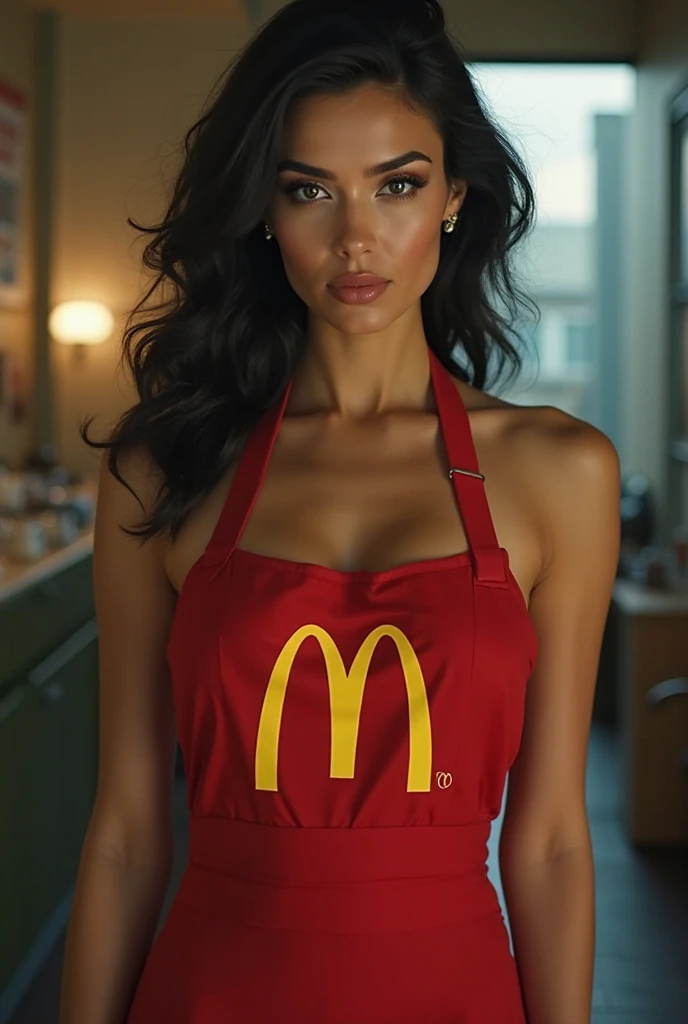 Angelina Jolie as a fast food worker, fast food restaurant, fast food counter, sexy fast food apron, sexy fast food uniform, midriff, cleavage, french fries, hamburger, cheeseburger, soda, milkshake, cashier, order taking, cooking, serving, smiling, friendly expression, dynamic pose, bright lighting, warm colors, photorealistic, (best quality,4k,8k,highres,masterpiece:1.2),ultra-detailed,(realistic,photorealistic,photo-realistic:1.37)