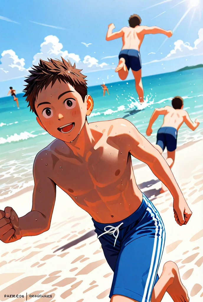 masterpiece,high quality,solo,
<lora:judauashta004:0.7>,smile,
judauashta,1boy,
short hair,brown hair,green eyes,dark skin,
shirtless,short pants,barefoot,beach,running,