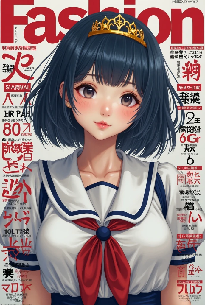 Create the cover of a fashion magazine with Ami Mizuno, a real woman, hyperrealistic Hyperrealism, as the protagonist of the cover and with background texts as if it were a real magazine.  outfit.  hyperrealism. live action magazine. .  short navy blue hair. Japanese schoolgirl clothes and gold tiara on the forehead