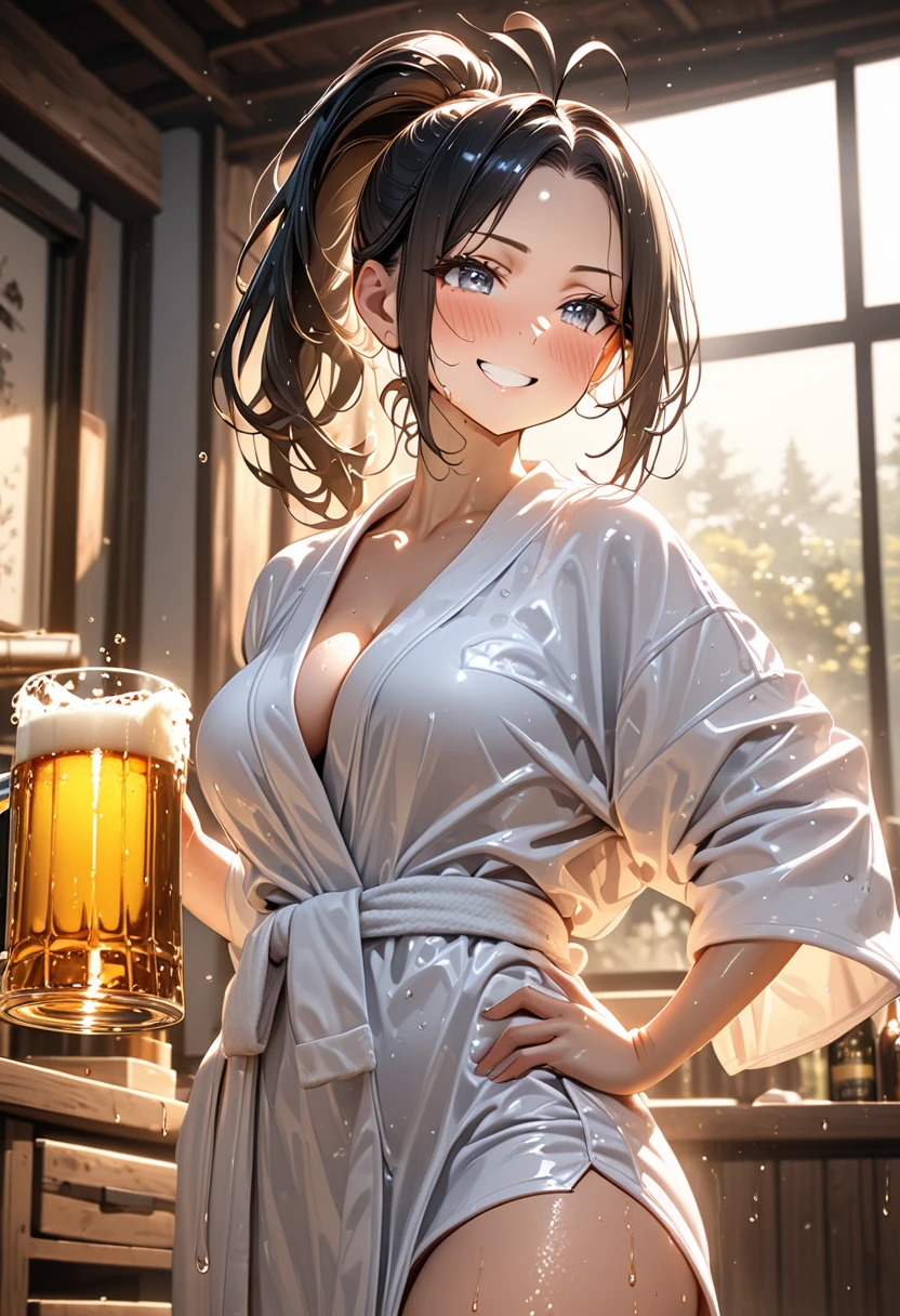 Highest quality,Highest Resolution,Beautiful girl in a gown bathrobe drinking beer from a mug with a smile,Bedroom,Night view outside the window,Big Breasts,Very beautiful eyes,Black hair ponytail,Standing posture,whole body,sweat profusely,