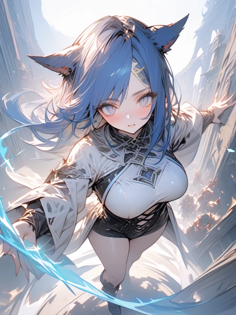 Adult girl, long white hair, cat ears, cat tail, multi-colored eyes, heterohromia, left eye purple, right eye turquoise, red learher ripped spike jacket, white tight top, purple print, blue shorts, lightning, ice, lot of tattoo, scars, open belly, small breasts, wide neckline, boob window, window in chest, little muscles, smirk, claws, hands behind head, Masterpiece, best quality, Full HD, 8k, ultra details, great graphic