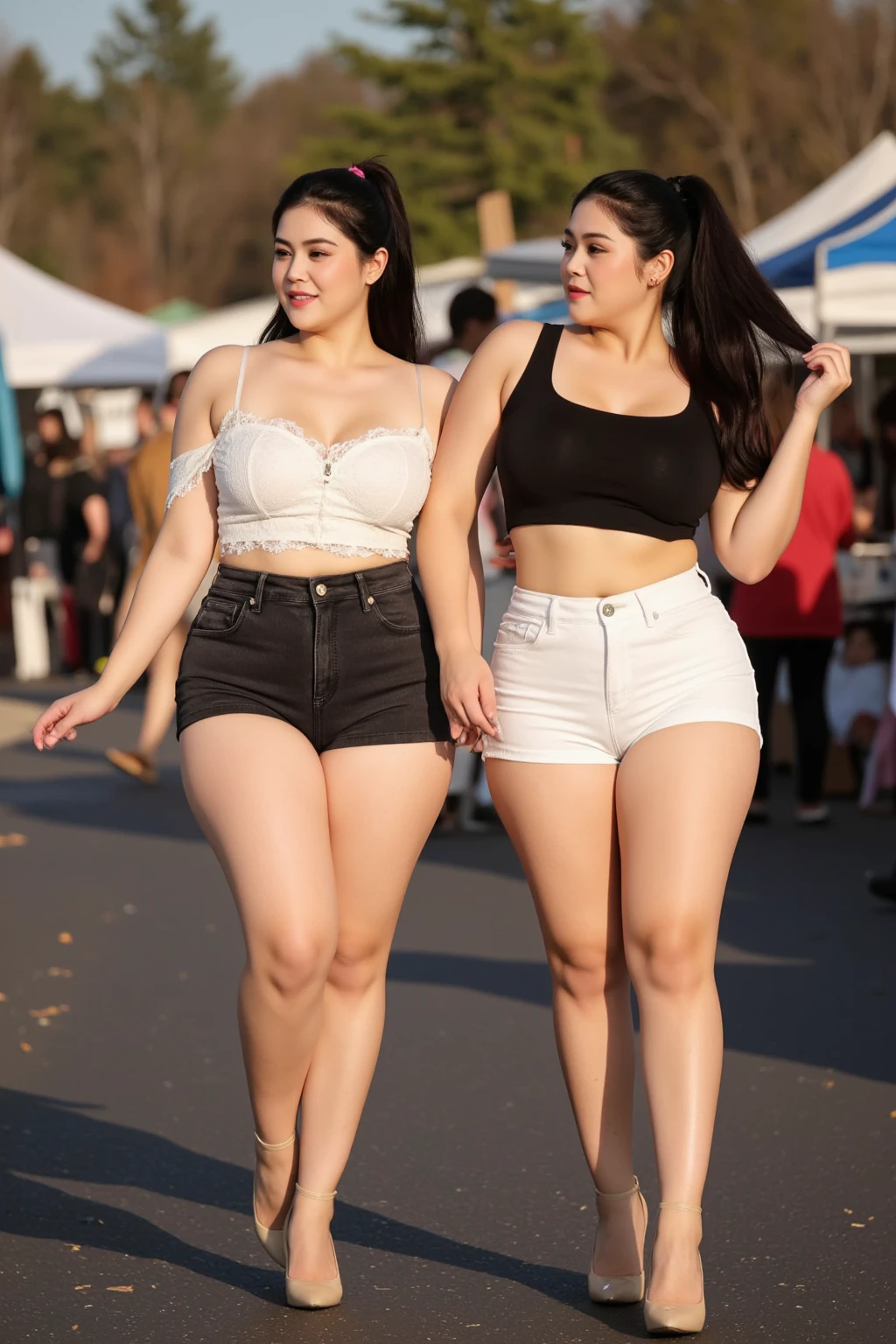 3fatgirls freinds group , fat body , thick body , thick waist and thick hips , , soft curvy body sape , thick hips , widest hips ,smooth whight skin , round face , red lips , smile , long brown stable heir , long lage, red shoes large breasts, large hip, one hand in pocket , jease shorts , long shorts, full body view long distance camera angle , Face around back side , hip on front on camera , environment outdoor, in water ,back multiple people walking Crowd , 4k quality