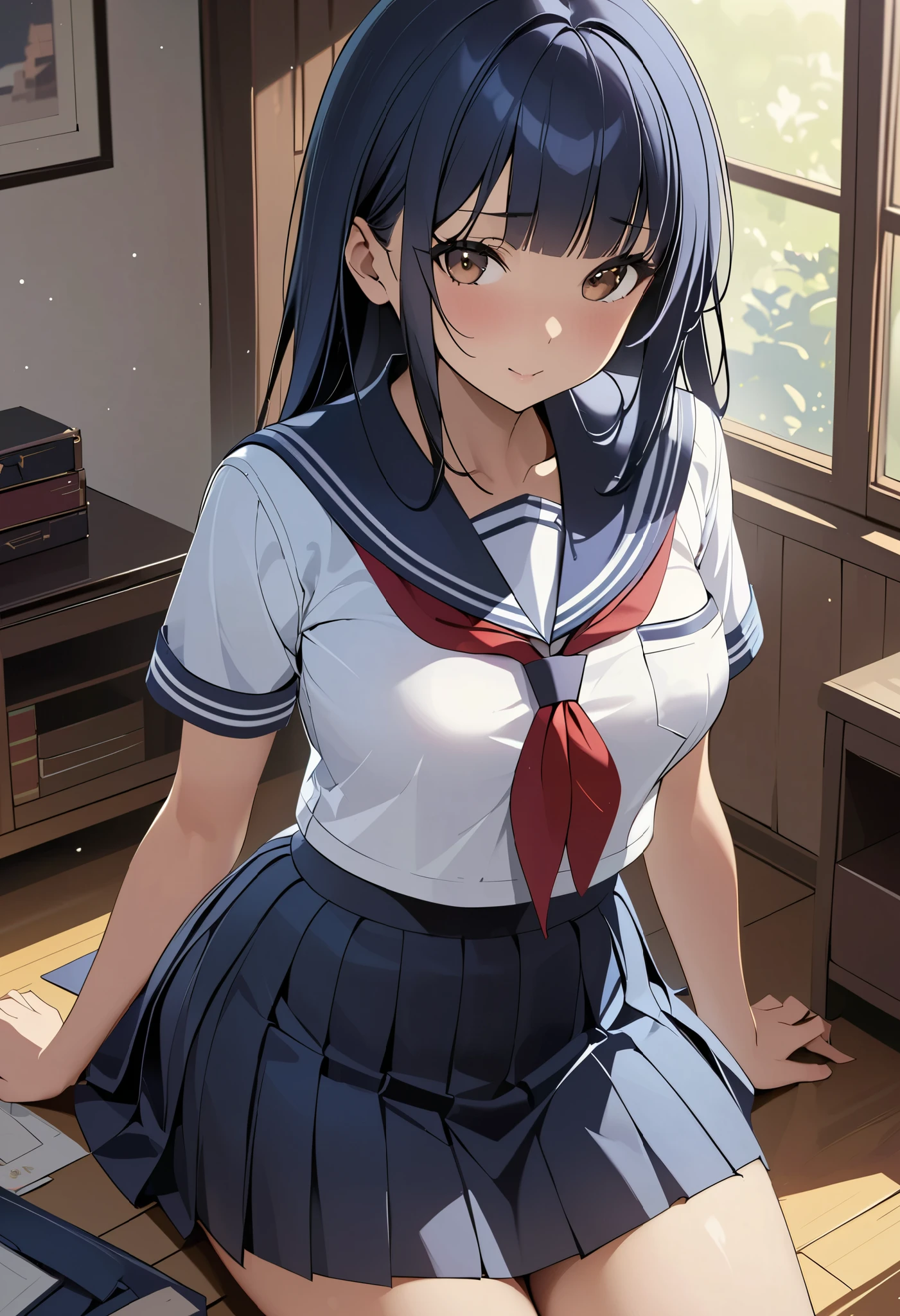 (master piece, best quality, detailed, absurd:1.2), Japanese woman turning her butt k, high school girl, (Long dark blue hair, Boring bangs), beautiful character design, perfect faces, Beautiful Eyes with Attention to Details, brown eyes, provocative face, ((school uniforms, sailor skirt)), thin waist, in the living room, orbital space