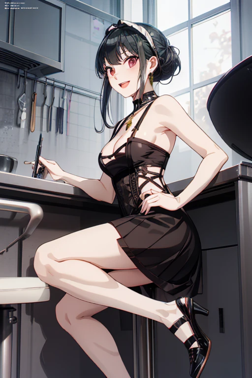 ((1girl)),((alone)),Yor Forger,(masterpiece), (best quality), (ultra detailed), (best illustration), (best shadow), (absurdities), sharp focus, cowboy photo , mature woman, looking at viewer, big breasts, narrow waist, wide hips, wide thighs, round butt, dynamic posture, golden headband, red eyes, black hair, short hair, hair with two long strands, gold earrings, jewelry, bare shoulders, collarbone, (white headband, red eyes, short black hair, long locks, gold earring, bare shoulders,((white Katyusha)), ((black maid outfit with white details)), ((cleavage)) ,)) black knee-high stockings)), skirt size: 1.4, ((black shoes)), bare thighs, ((white socks)), seductive smile, closed mouth, (sexy pose: 1.2), ((solo)), standing: 1.3, interior, house, kitchen, window, night, cityscape, city lights, looking forward, ((focus on senls)), point of view: (from middle), red blush, perfect anatomy, perfect hands