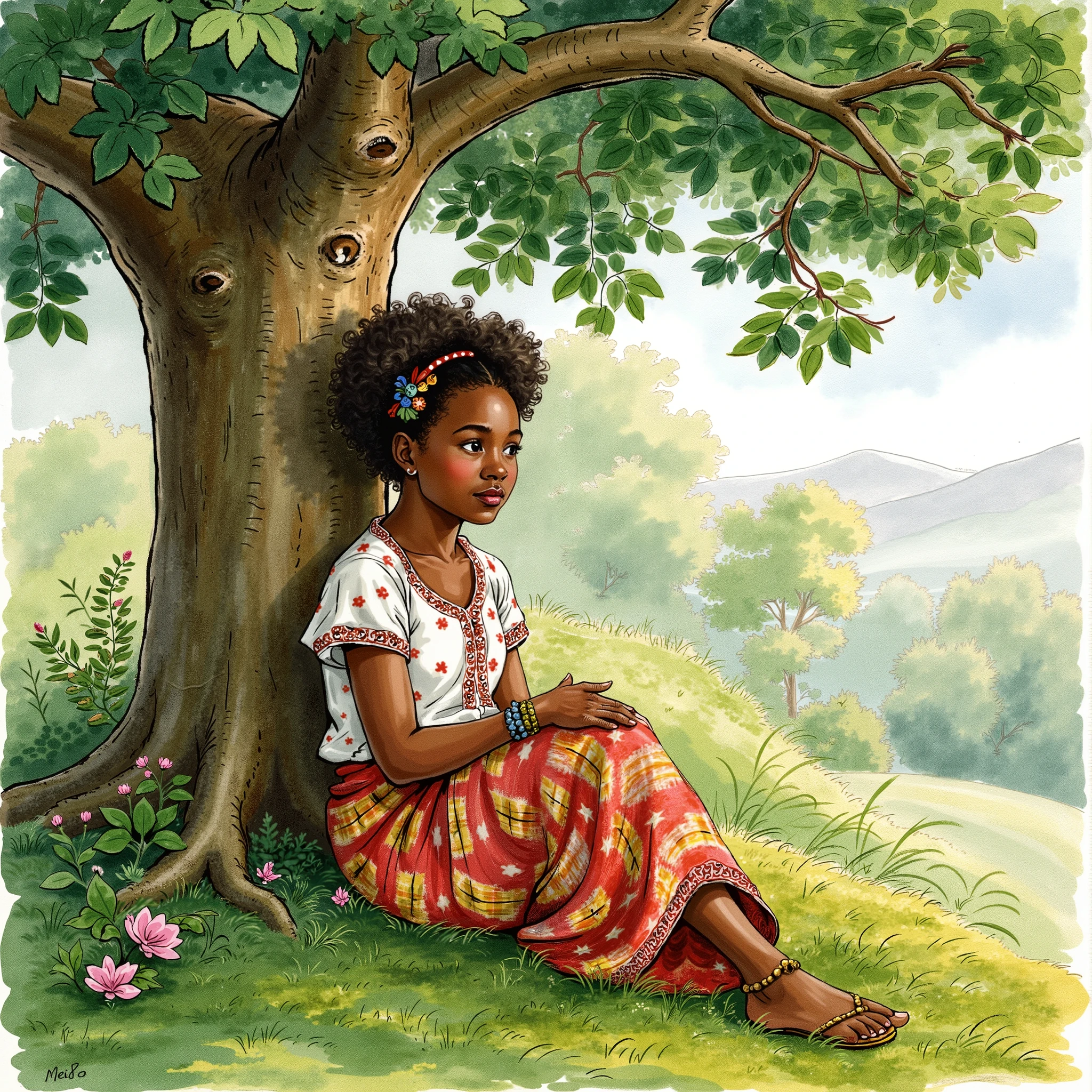 A Nigerian girl sitting under a tree,
Water color illustration.