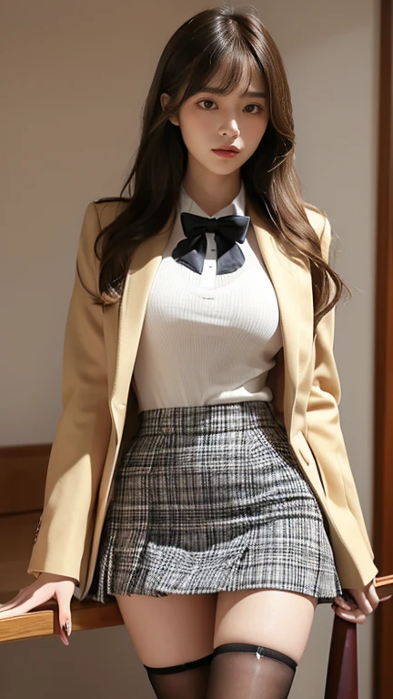 A woman in a skirt and jacket is sitting on the floor, hyper現実的なhigh school girl, a hyper現実的なhigh school girl, かわいいhigh school girl, 現実的なhigh school girl, wearing japanese school uniform, japanese school uniform, high school girlの格好をした, japanese girl uniform, wearing school uniformいる, wearing school uniform, (super realistic pantyhose:1.3), high school girl, of posing, girl in uniform