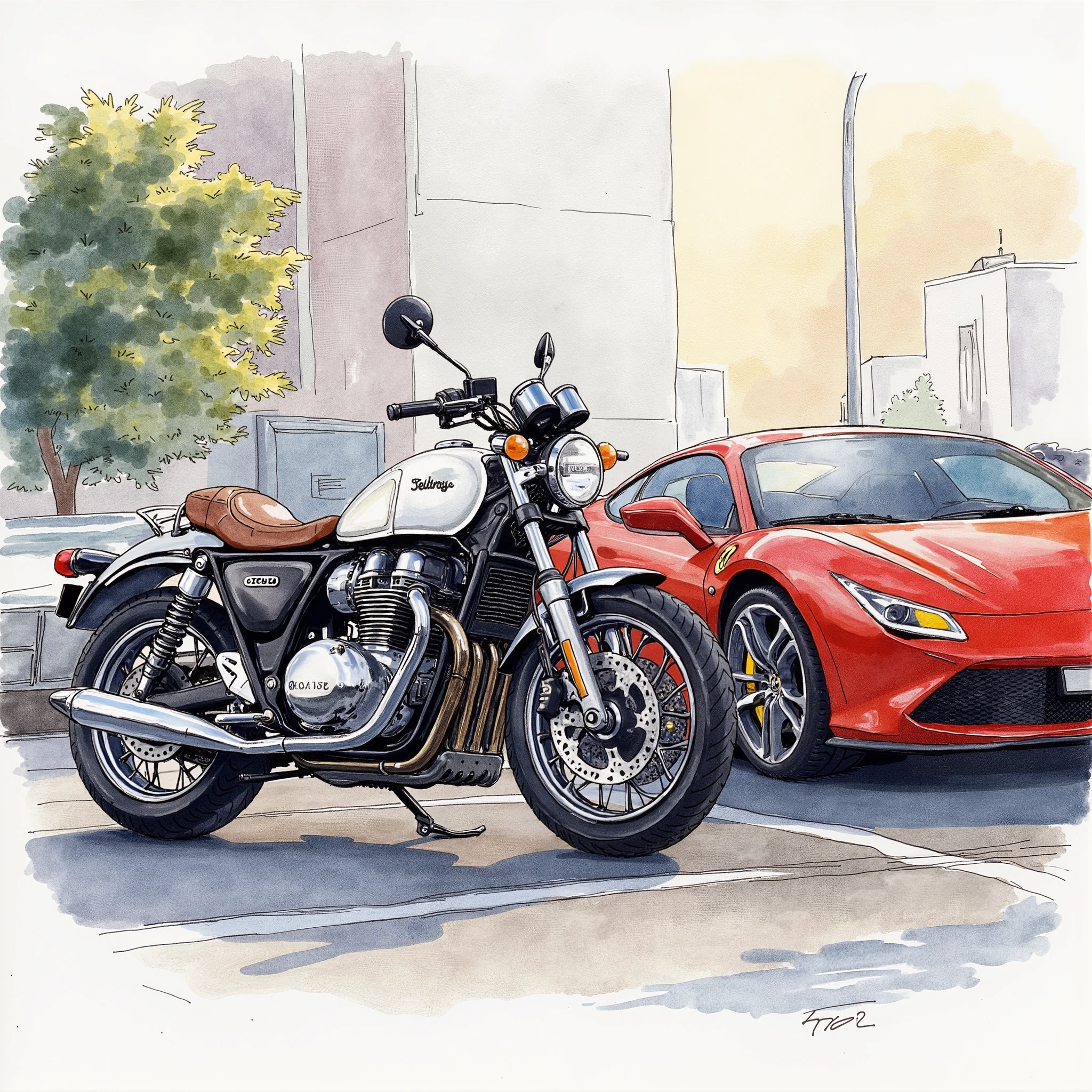 A motorcycle parked near a car, modern
Water color illustration.