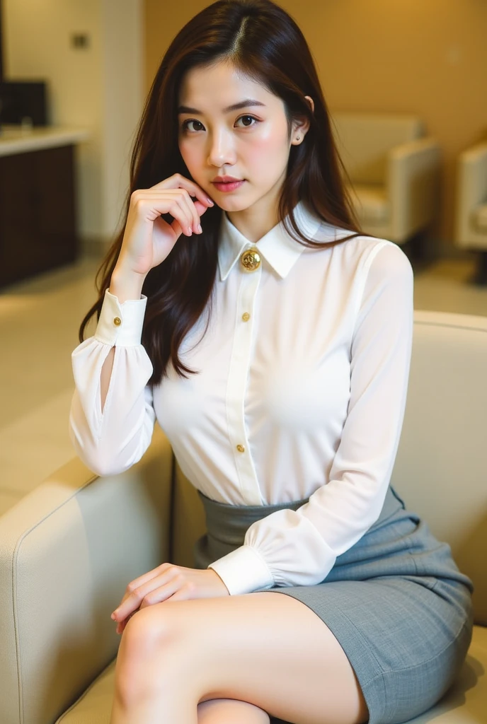(1womanl), Beautiful, seduct smile, (Best quality:1.4), (Ultra-detailed), (Extremely detailed CG unified 8K wallpaper), Highly detailed, High-definition RAW color photo, Professional photography, amazing face and eyes, Makeup, (Seductive eyes), (Amazingly beautiful girl), ((Business suit)), ((Mini skirt)), (Business shirt with open chest), (Spread your legs), (:1.3), insertion, Seductive, (dimly lit bedroom:1.3), Candle, (View from below)