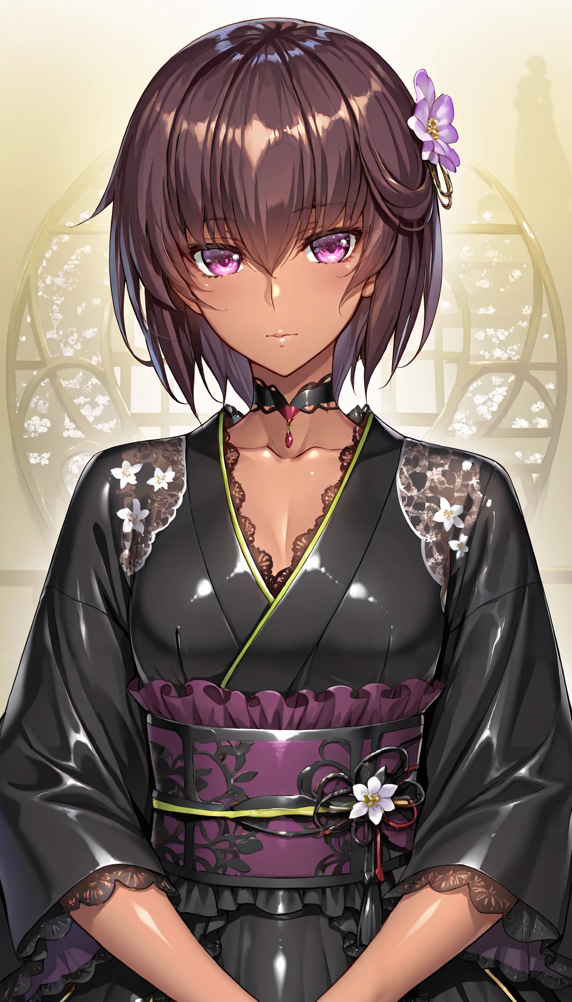 Future Yukikaze Mizuki,  brown hair, purple eyes,  (black kimono-tops, long kimono sleeve with purple ruffle lace trim),voluminous A-line multilayer tiered skirt with purple ruffled lace trim, ballgown silhouette, crinoline,purple obi, choker with lace embroidery,beautiful shiny black pantyhose,(upper body portrait)