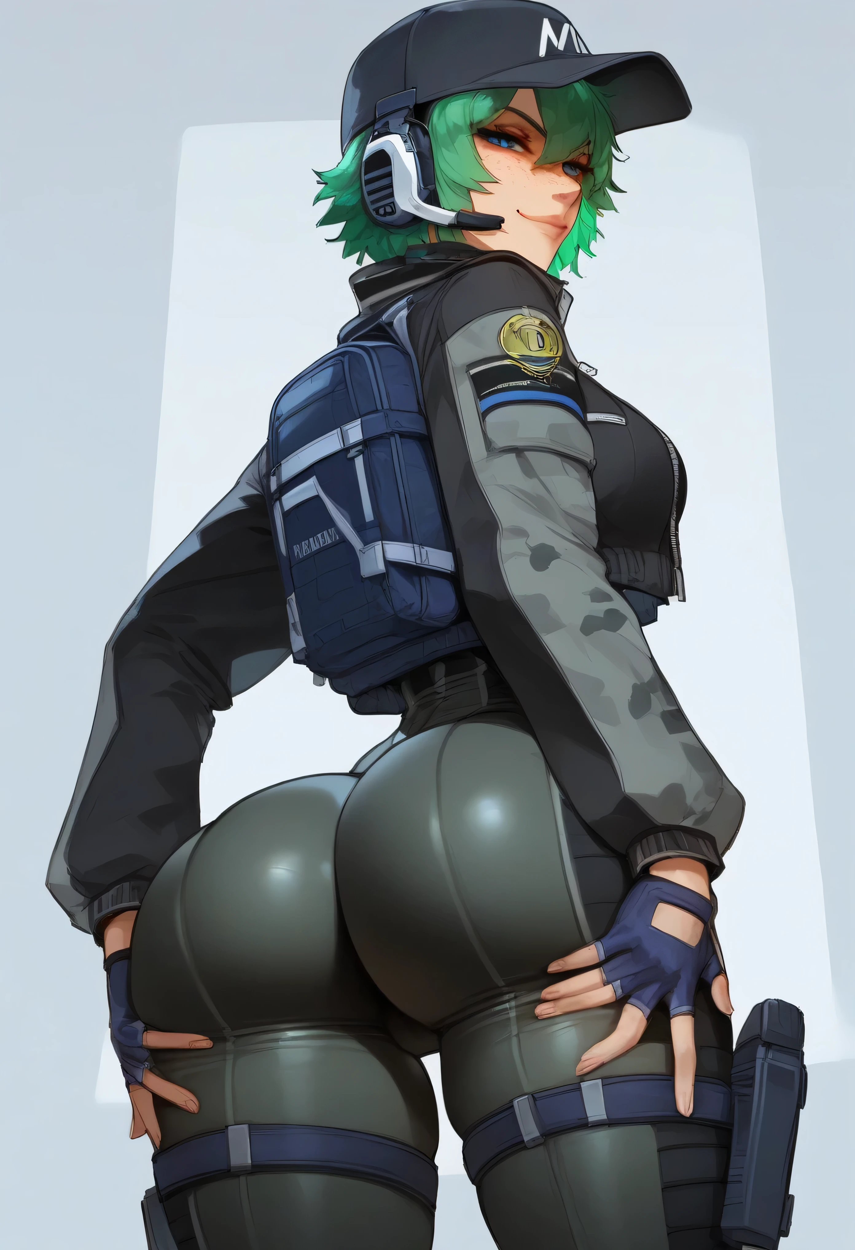 score_9, score_8_up, nsfw, score_7_up,derpibooru_p_95, rindou, masterpiece, (very wide hips:1.1), thick thighs,1girl, ela, ElaSDXL, black baseball cap, goggles, green hair, blue eyes, headset, smug, smile, superior, freckles on face ,solo, (close up on ass), low angle, (lower body only), cropped upper body, green bodysuit, two tone bodysuit, shiny bodysuit, wearing camouflage jacket, backpack, simple blue abstract shape background, finger less gloves, skin indentation, thigh holster, narrow waist, ((view from back)), plump ass:1.2, fat ass, ass cleavage, hands on own ass, zPDXL2,