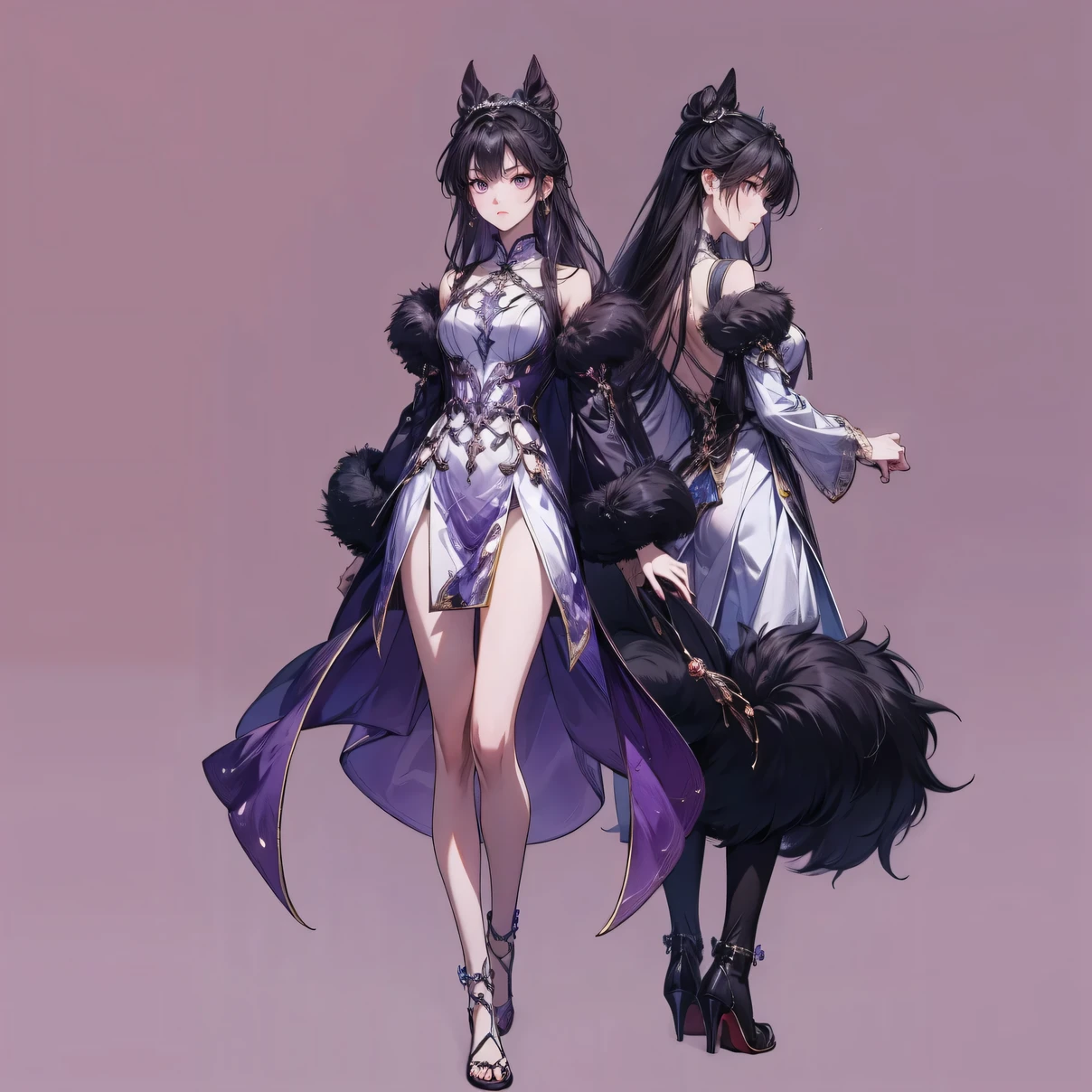 Masterpiece , best quality, 1 Xiao Wu , Face Color Looks Cool , Strong, Golden Left Eye , Red Right Eye , Long hair, Black hair, Firm Eyes , Simple Uniform , Black Long Earrings , Chinese , Front, back, left, right Photo , simple background, purple Background , Anime, illustration, Full body , bun hair , black fluffy animal coat on shoulders , girl , purple eyes , short , character sheet , detail dress ,alone