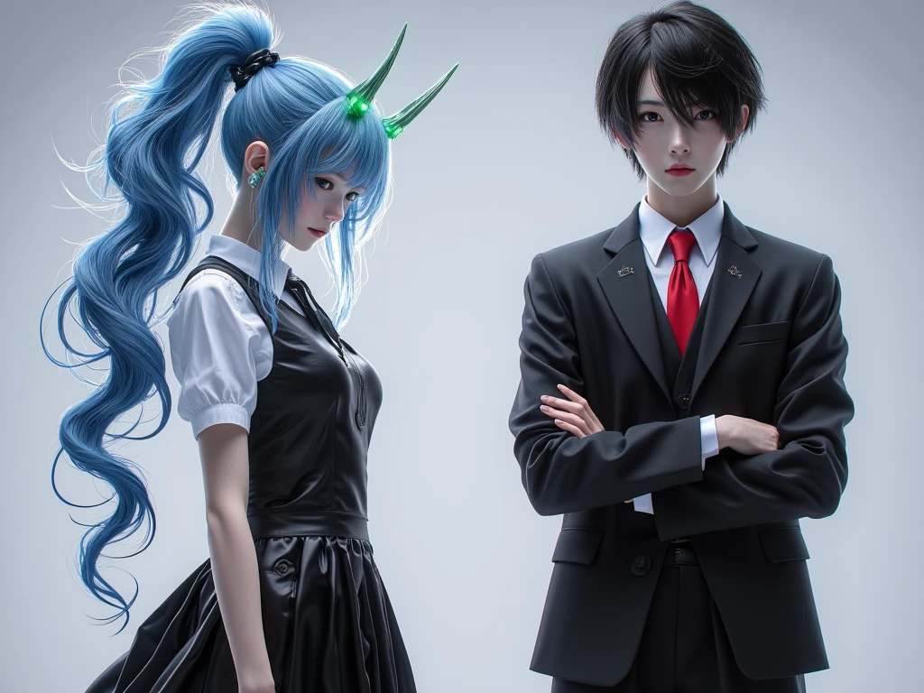 Japanese girl with pigtail,blue eyes and blue suit talking to a demon in a forest