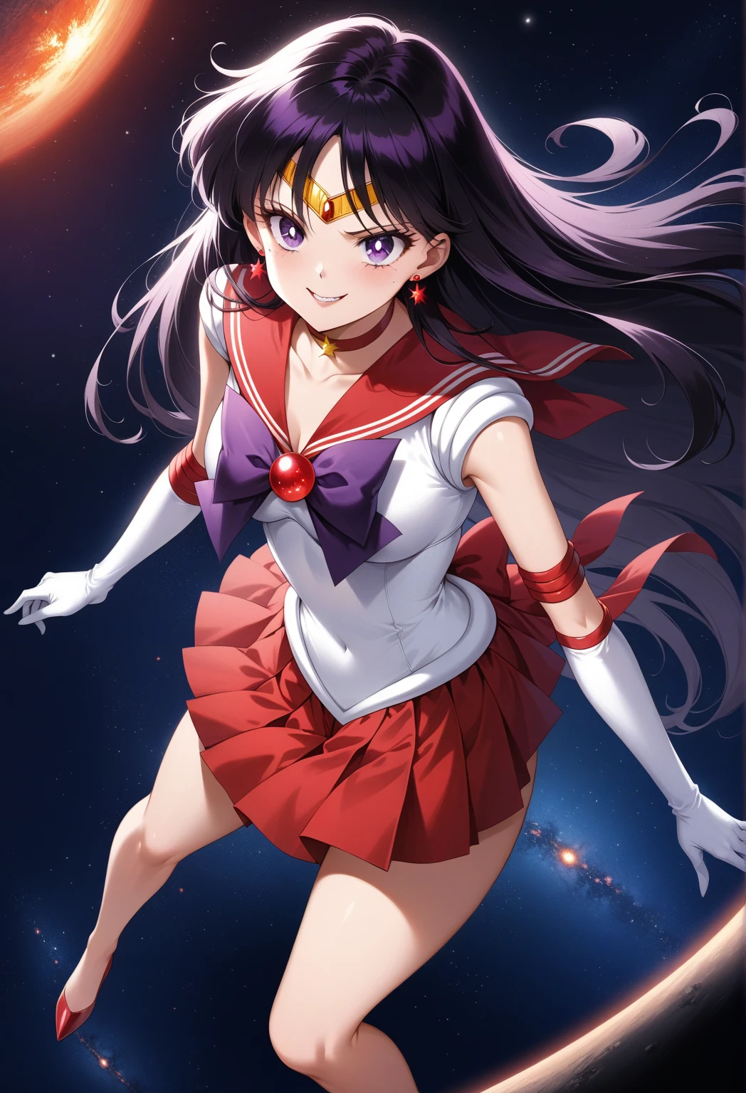 NSFW , (Highest quality:1.5, High resolution, 4K, Detailed lighting, Shaders),, tiara, Sailor Senshi Uniform, White gloves, Red Sailor Collar, Red Skirt, Star Necklace, Elbow hand pockets, Pleated skirt, Just Play, Purple ribbon, Denim photoshoot, Outdoor, Background blur (85mm lens), front facing camera, Gentle expression, wind blowing hair, fluffy hair, hair ((black)), inflammation Bedroom