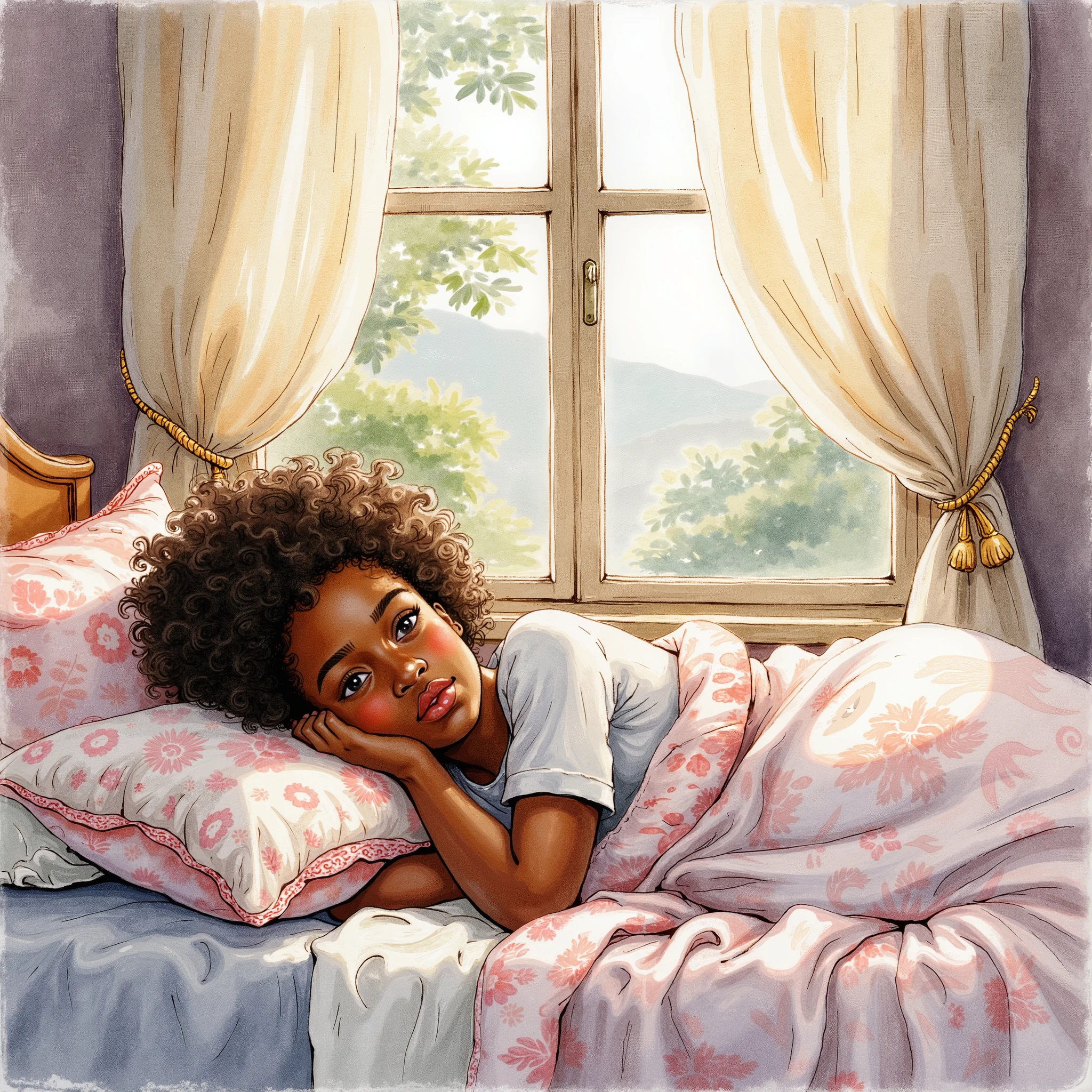 A girl waking up on her bed, Nigerian,
Water color illustration.