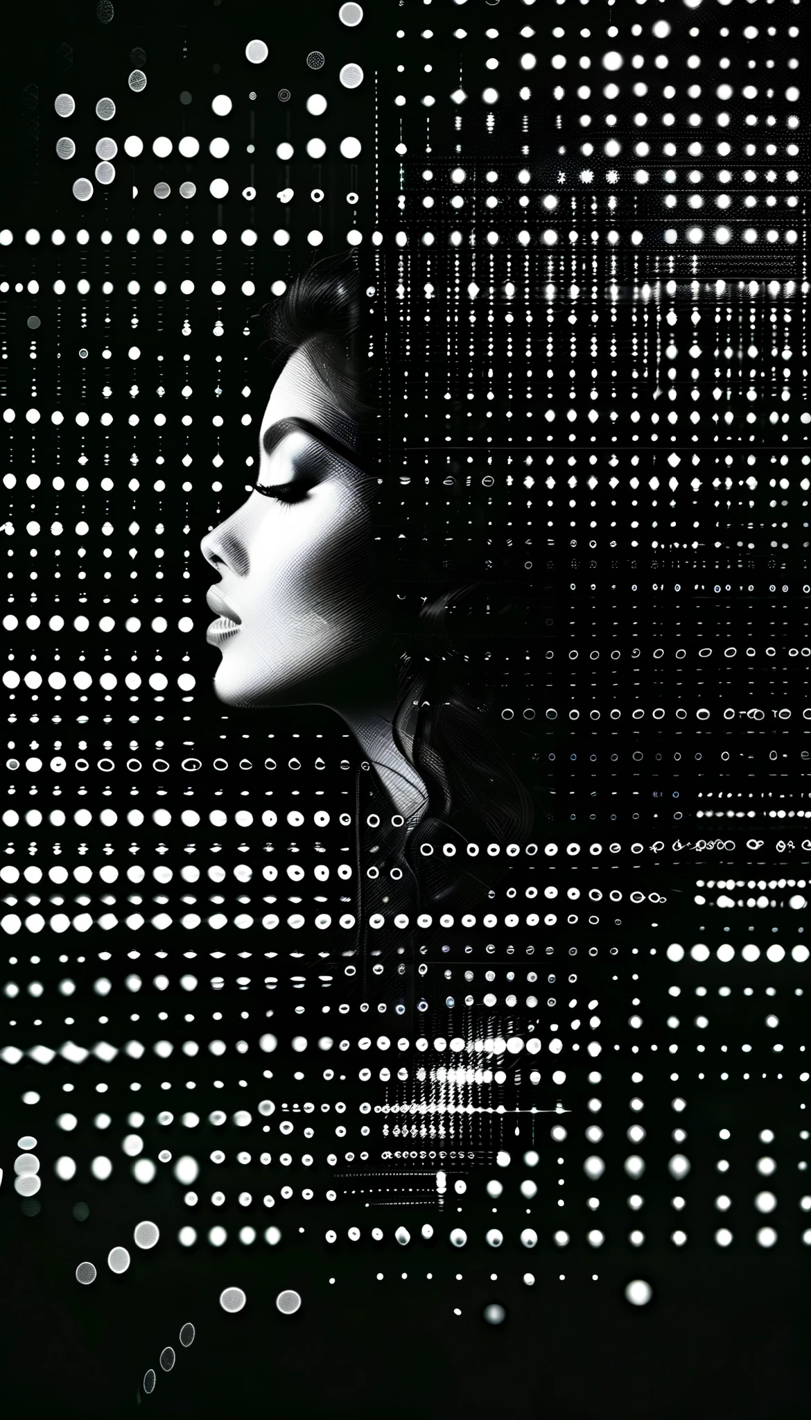 The black-and-white digital art,Side portrait showing a woman with very long curly hair。image consists of countless tiny dots of light,These light spots outline the character's outline and facial features against a dark background。This dotted visual effect creates a sense of technology and the future,and gives the picture a mysterious and abstract atmosphere