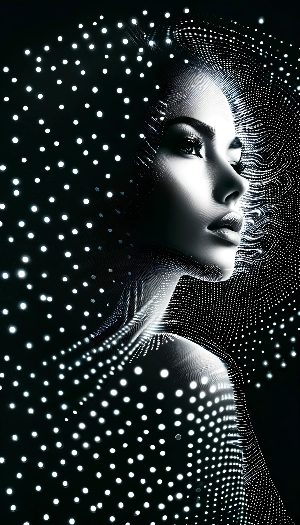 The black-and-white digital art,Side portrait showing a woman with very long curly hair。image consists of countless tiny dots of light,These light spots outline the character's outline and facial features against a dark background。This dotted visual effect creates a sense of technology and the future,and gives the picture a mysterious and abstract atmosphere