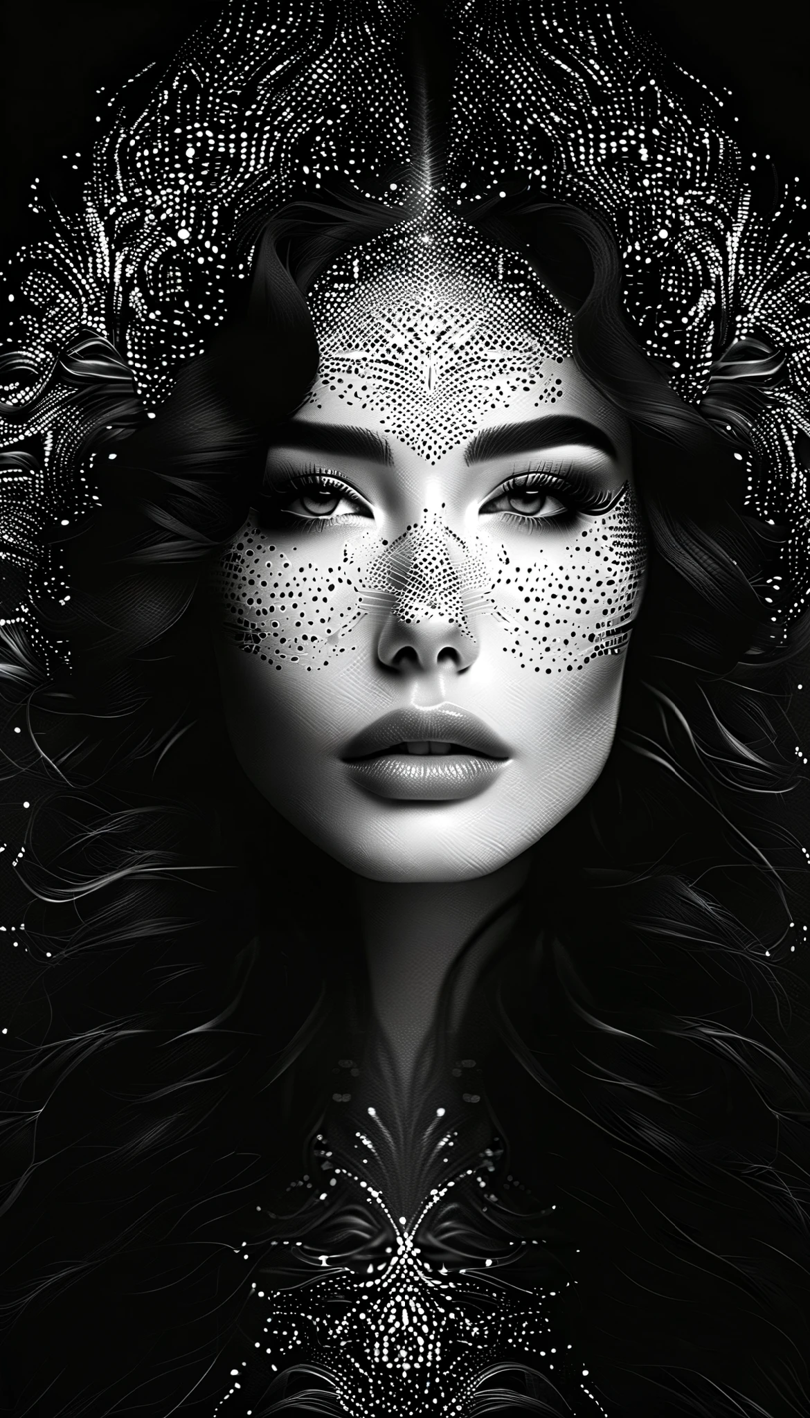 The black-and-white digital art,Side portrait showing a woman with very long curly hair。image consists of countless tiny dots of light,These light spots outline the character's outline and facial features against a dark background。This dotted visual effect creates a sense of technology and the future,and gives the picture a mysterious and abstract atmosphere