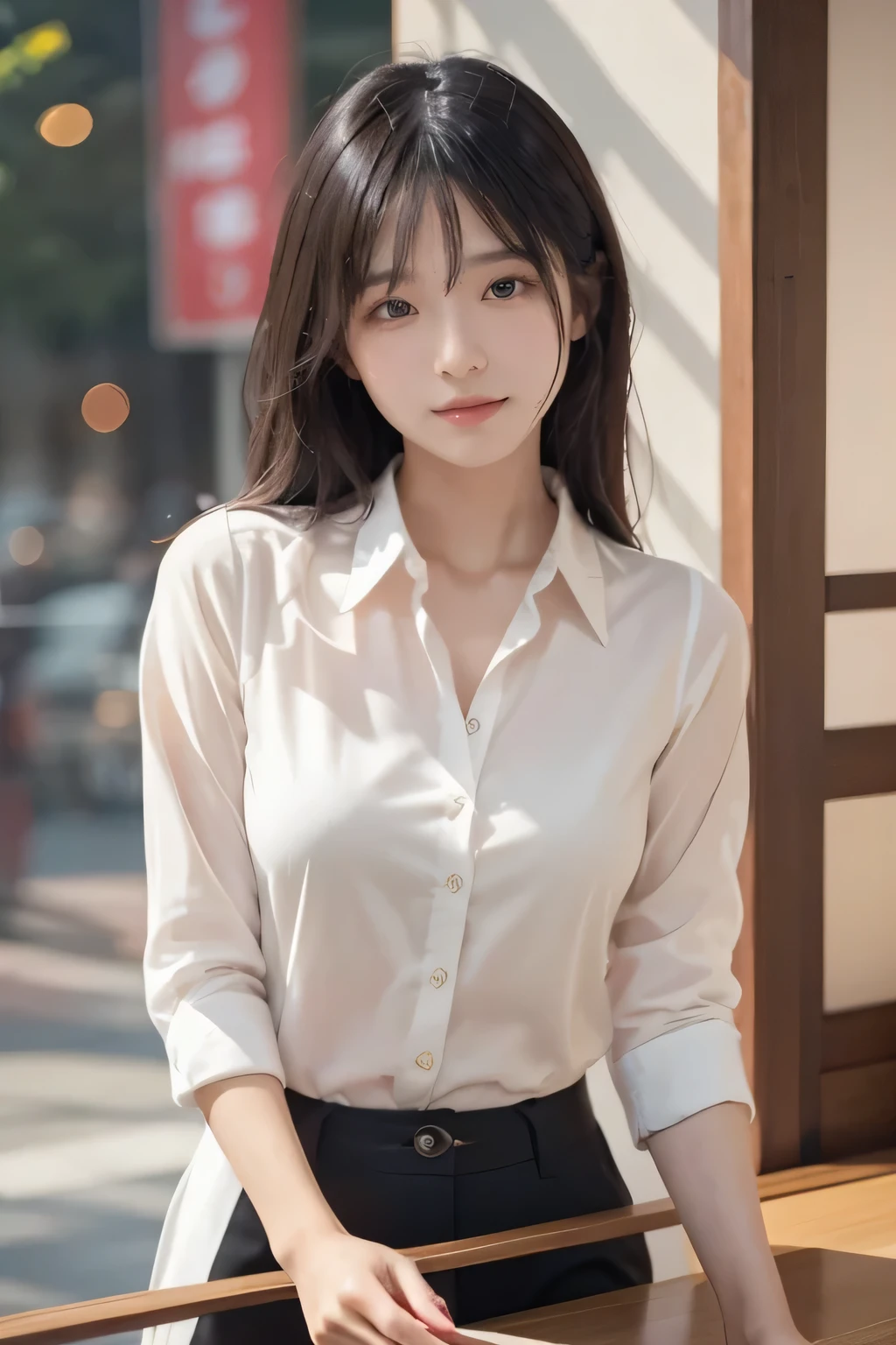(highest quality,masterpiece:1.3,Ultra-high resolution,),(Very detailed,Caustics),(Photorealistic:1.4,RAW shooting,)Ultra-Realistic Capture,Very detailed,High resolution 16K human skin closeup。 Natural skin texture、,Pores、、It must be detailed enough to be easily identifiable。 Skin tone is even and healthy looking。 Use natural light and color,restaurant,Waitress Uniform,1 girl,Japanese,18-year-old,cute,Black-haired,Middle Hair,(Big Breasts:1.2),smile,Turn your body forward,(Front view:1.2),Looking at the camera,Bust up shot:1.1,breast focus:1.1,Chest close-up:1.1